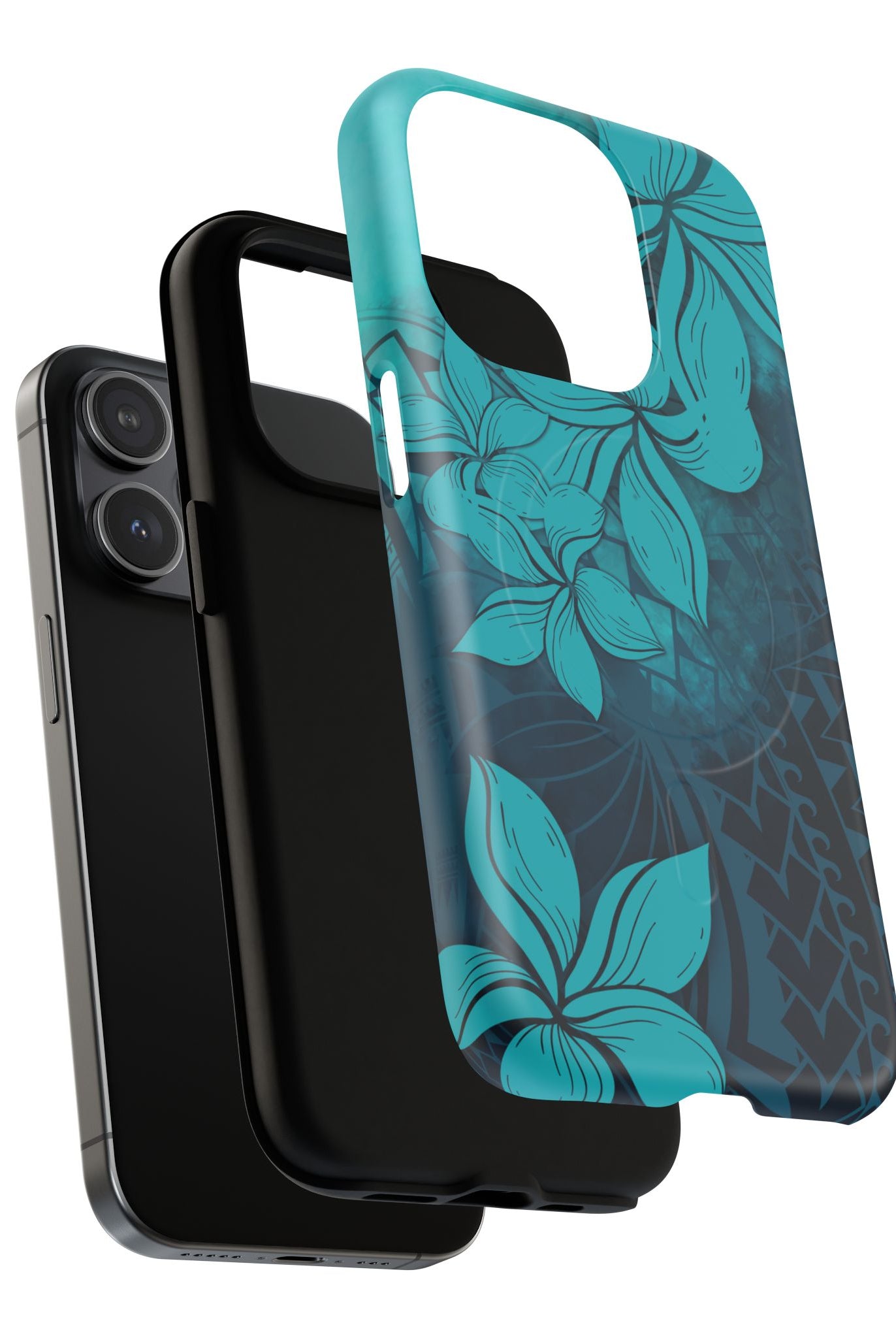 Woman holding Moana Bloom MagSafe iPhone Case - Hawaiian Teal Plumeria Ocean Tribal Design - The Local Banyan