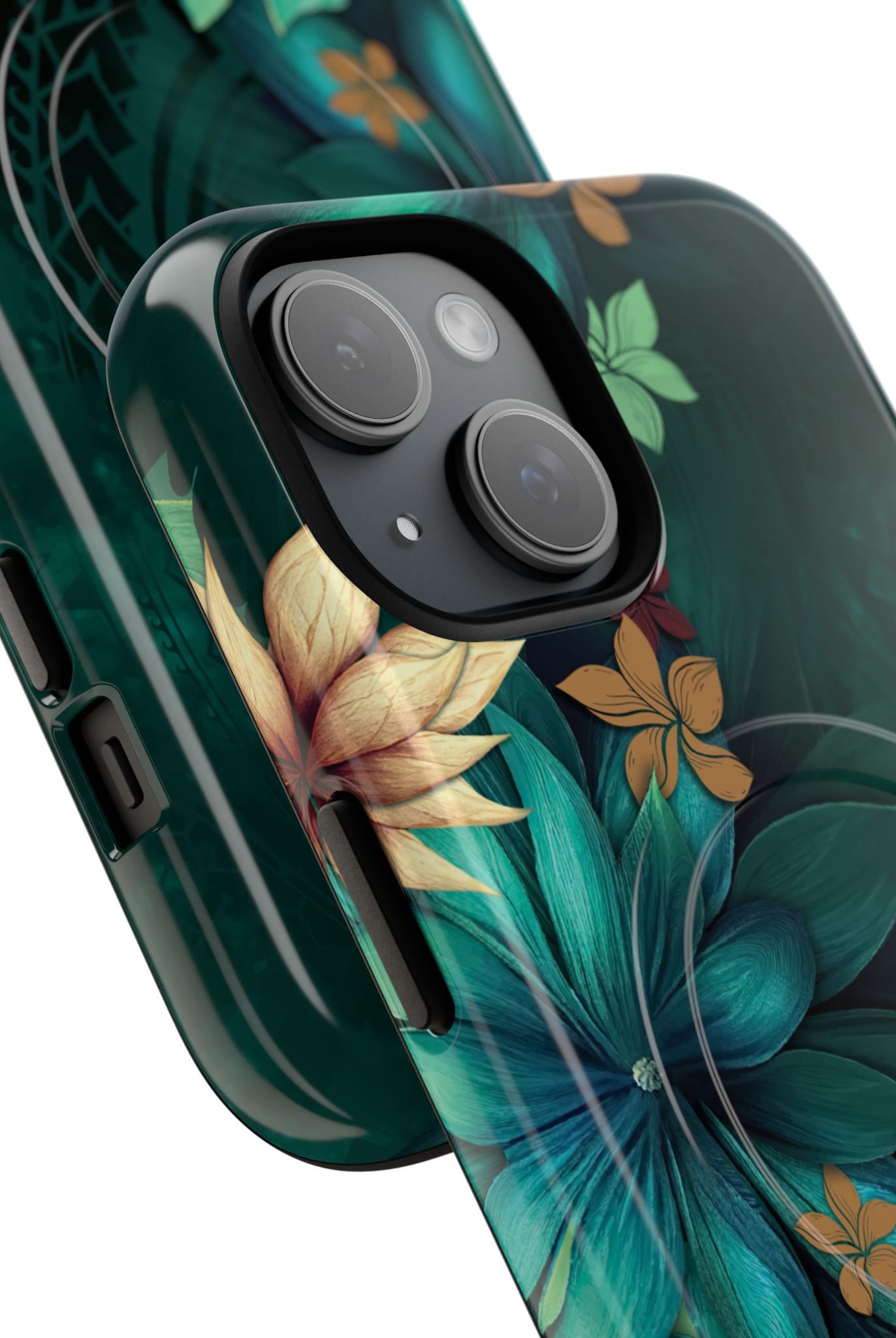 Woman holding Aloha Whispers MagSafe iPhone Case - Hawaiian Abstract Green Floral Polynesian Design - The Local Banyan