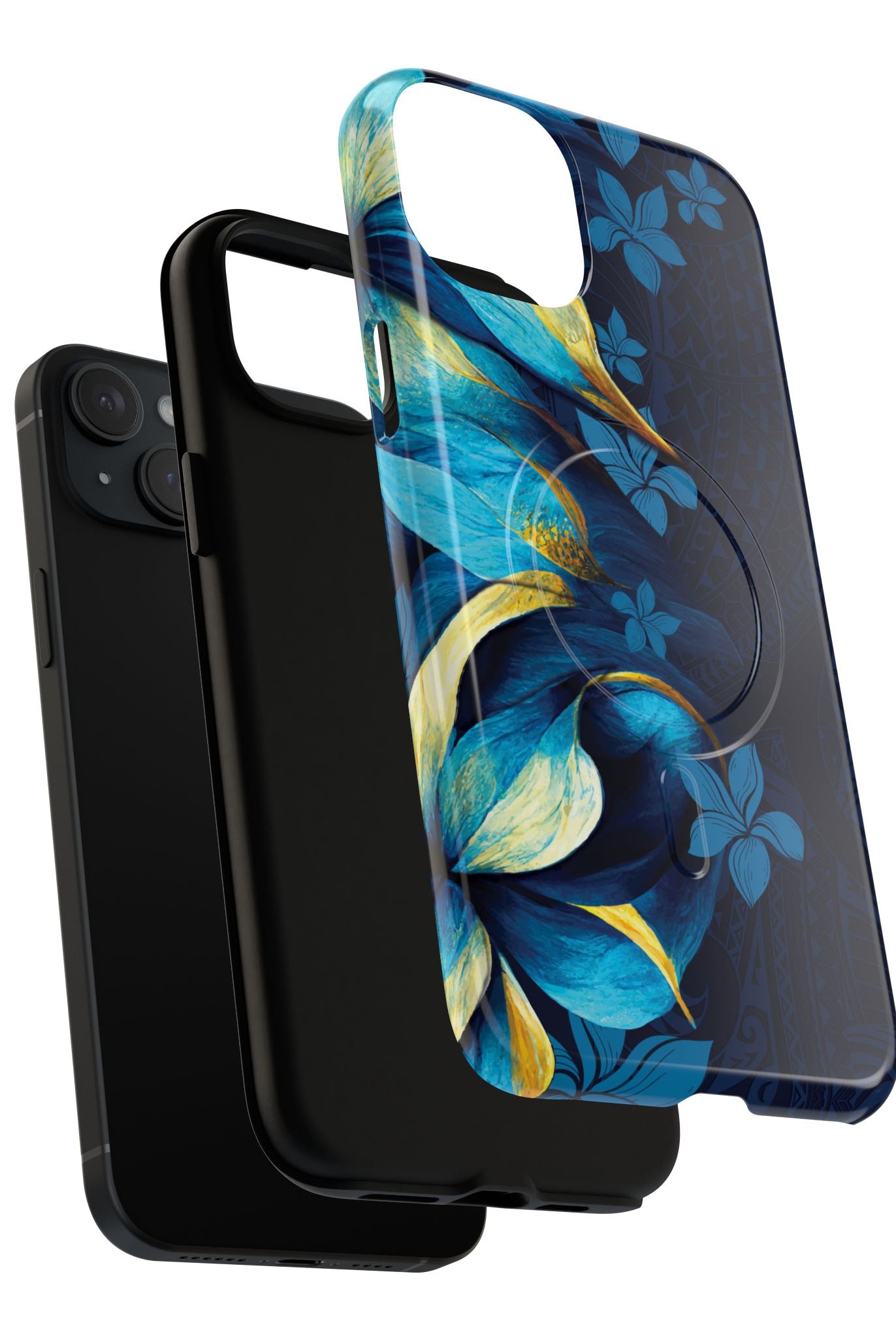 Po Mahina MagSafe iPhone Case Detail View - Hawaiian Moonlit Teal Gold Floral Design Close Up - The Local Banyan