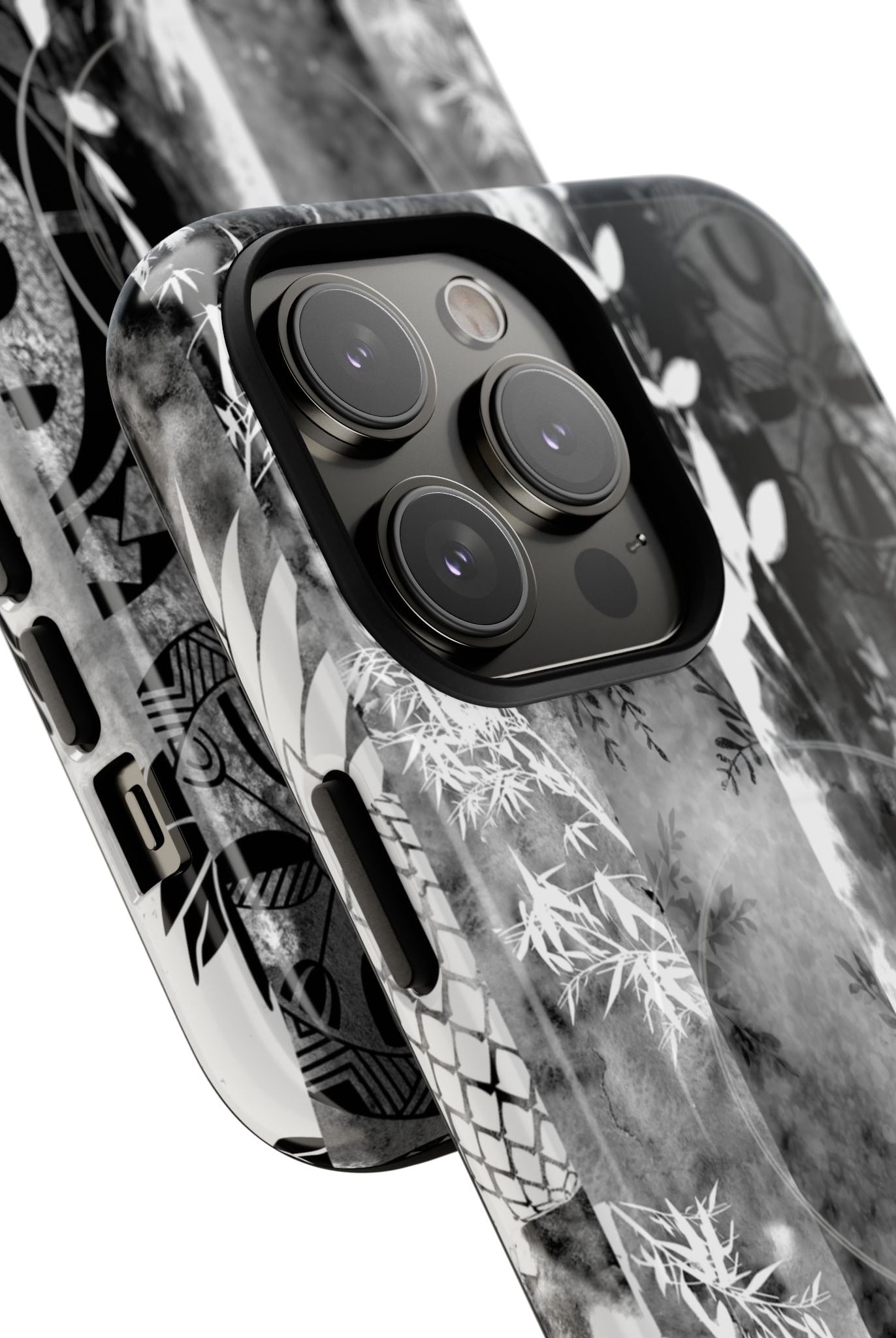 Woman holding Monochrome Oasis MagSafe iPhone Case - Hawaiian Black White Botanical Tribal Design - The Local Banyan