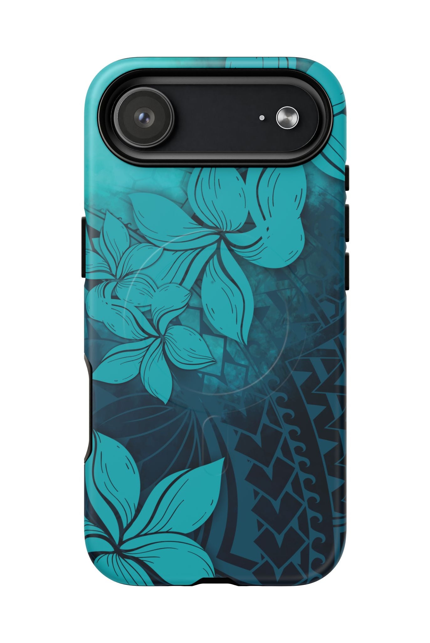 Woman holding Moana Bloom MagSafe iPhone Case - Hawaiian Teal Plumeria Ocean Tribal Design - The Local Banyan