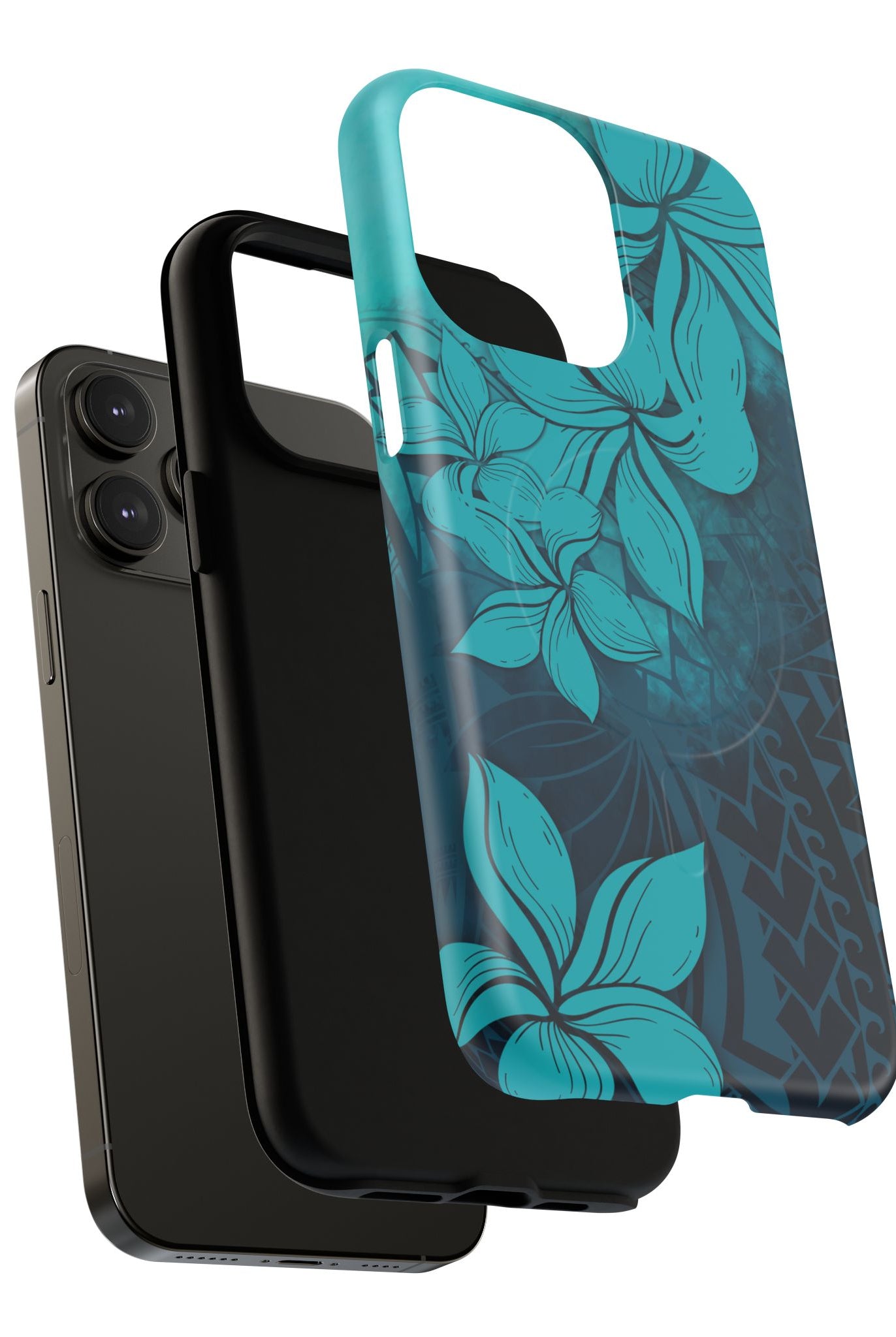 Woman holding Moana Bloom MagSafe iPhone Case - Hawaiian Teal Plumeria Ocean Tribal Design - The Local Banyan
