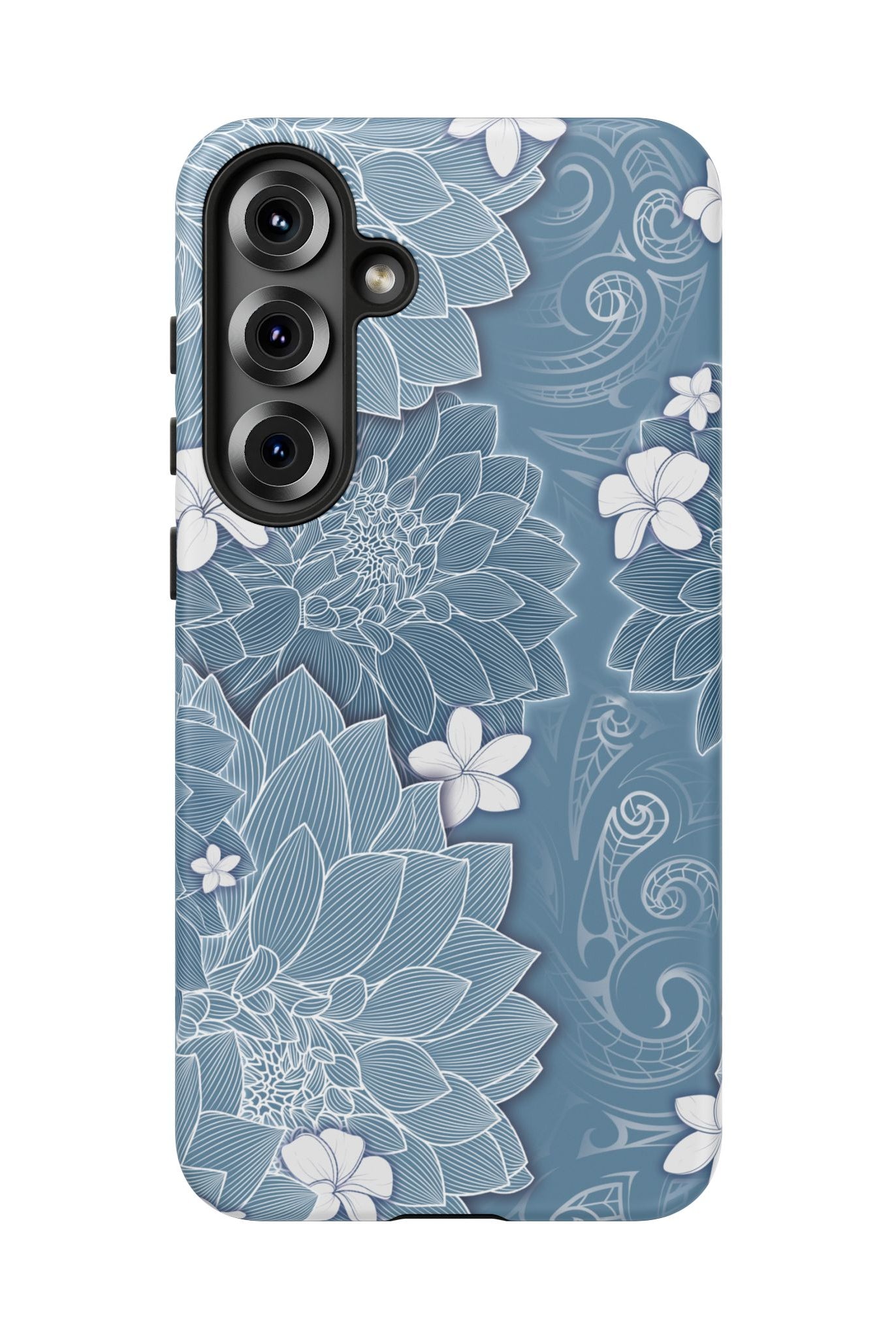 Woman holding Pua La Tough Samsung Galaxy Case - Hawaiian Golden Hibiscus Sun Flower Sapphire Design - The Local Banyan