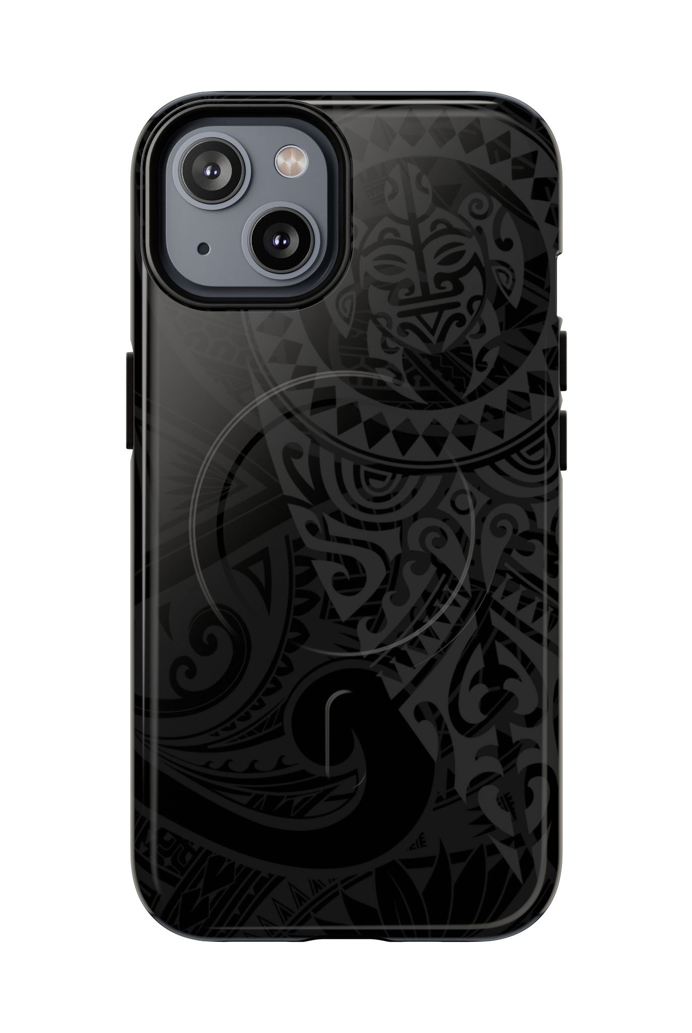 Tribal Guardian MagSafe iPhone Case iPhone 14 Glossy - Hawaiian Black on Black Polynesian Tribal Design - The Local Banyan