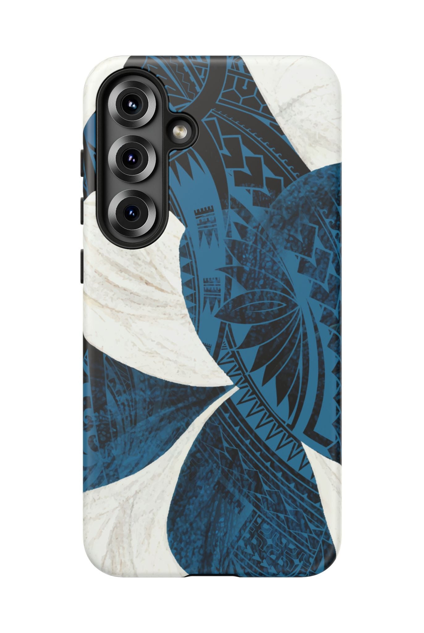 Woman holding Hana Breeze Tough Samsung Galaxy Case - Hawaiian Blue Plumeria Polynesian Botanical Design - The Local Banyan