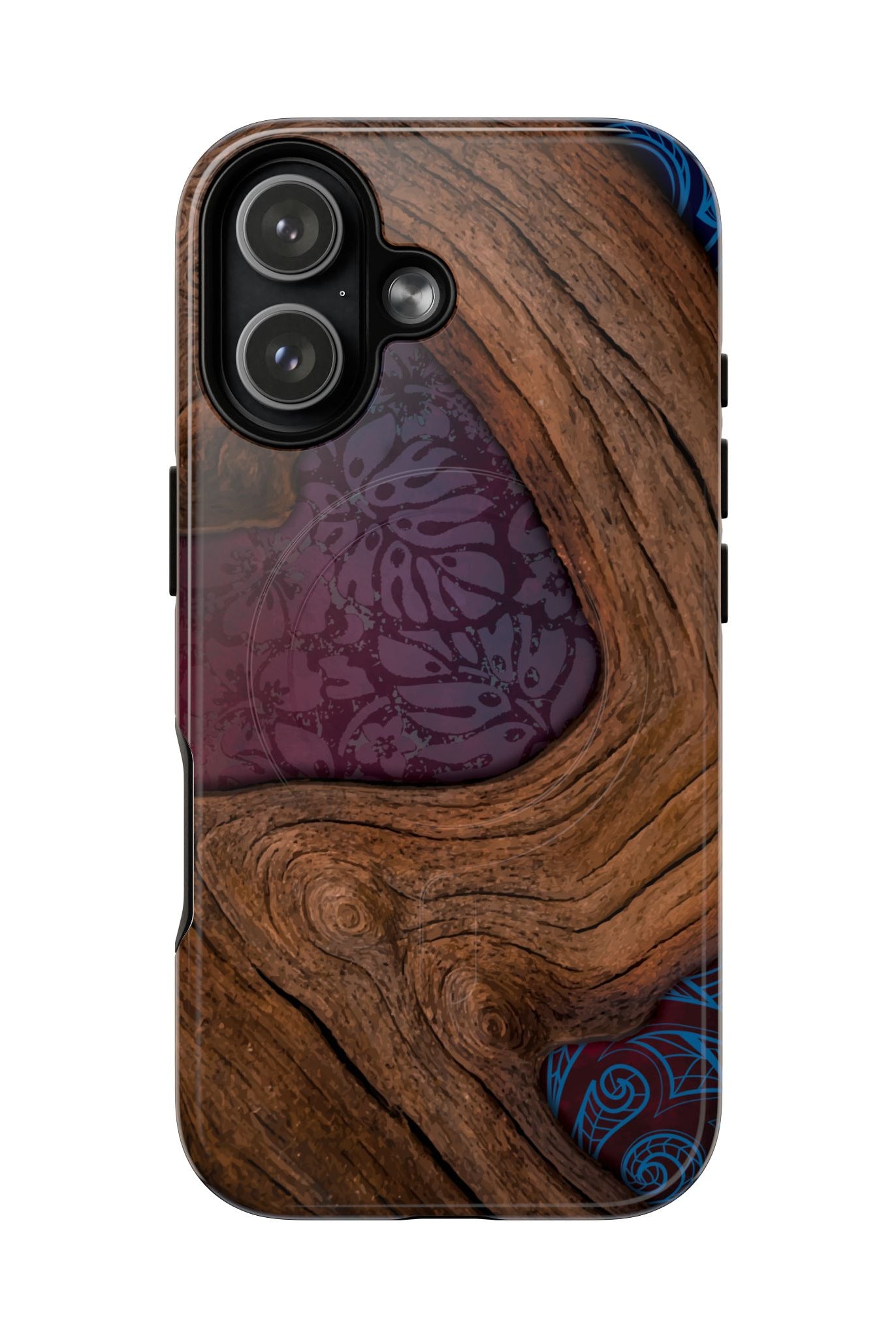 Rooted MagSafe iPhone Case Detail View - Hawaiian Koa Wood Island Strength Tribal Design Close Up - The Local Banyan