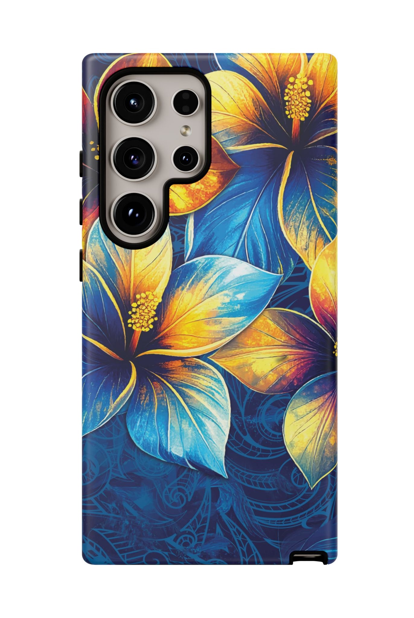 Pua La Tough Samsung Galaxy Case Detail View - Hawaiian Golden Hibiscus Sun Flower Sapphire Design Close Up - The Local Banyan