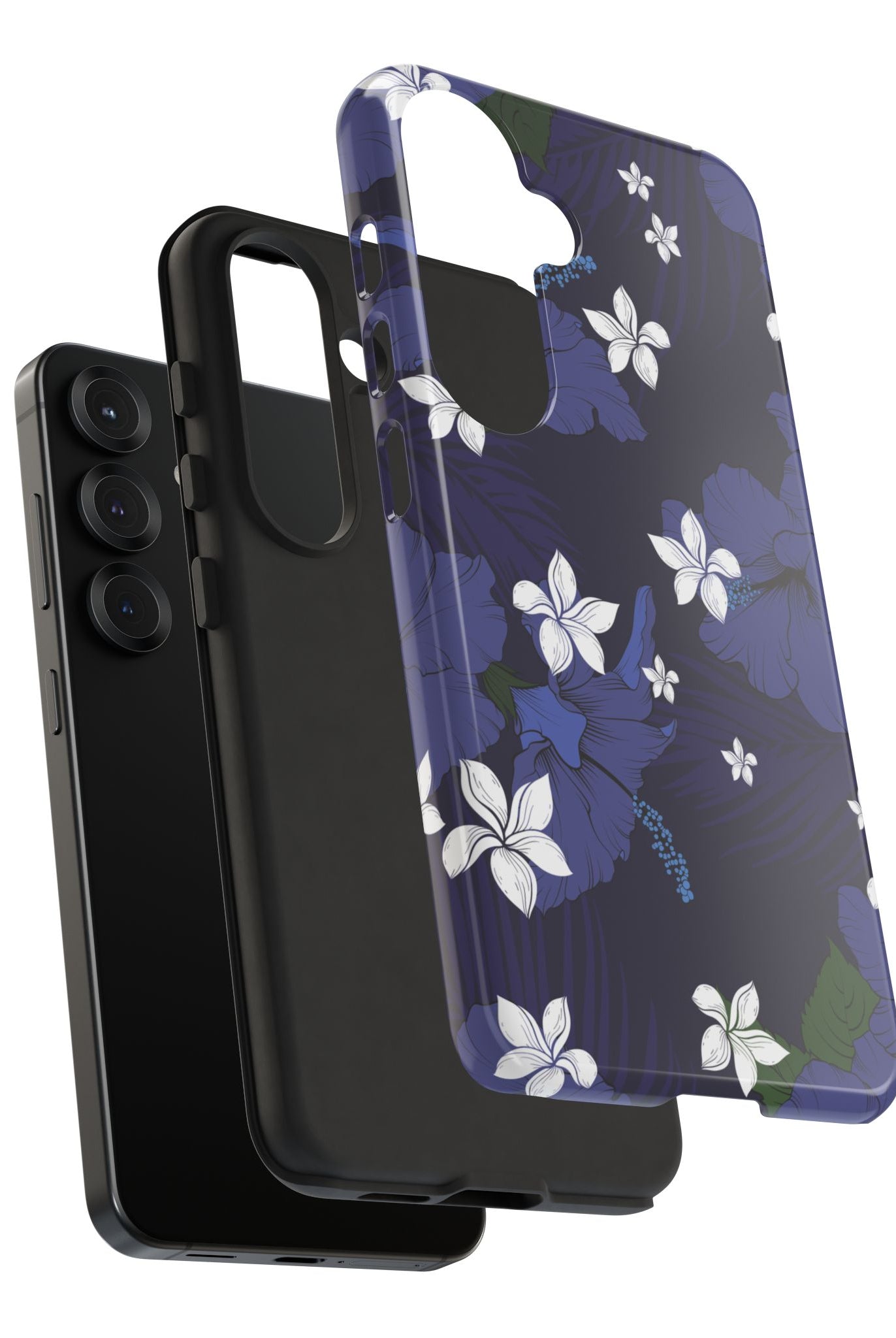 Vintage Blue Tough Samsung Galaxy Case Detail View - Hawaiian Indigo Hibiscus White Plumeria Design Close Up - The Local Banyan