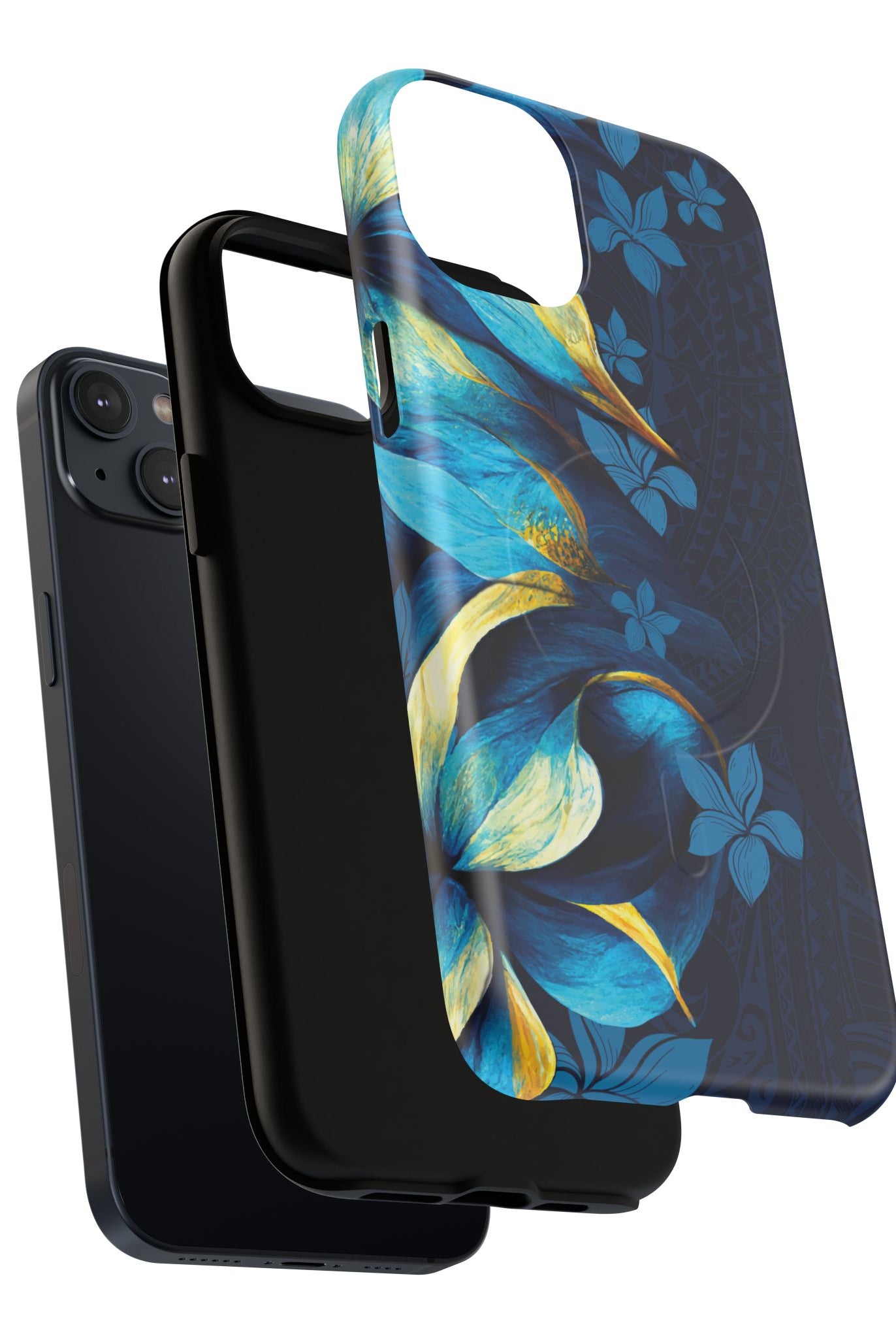 Po Mahina MagSafe iPhone Case Detail View - Hawaiian Moonlit Teal Gold Floral Design Close Up - The Local Banyan