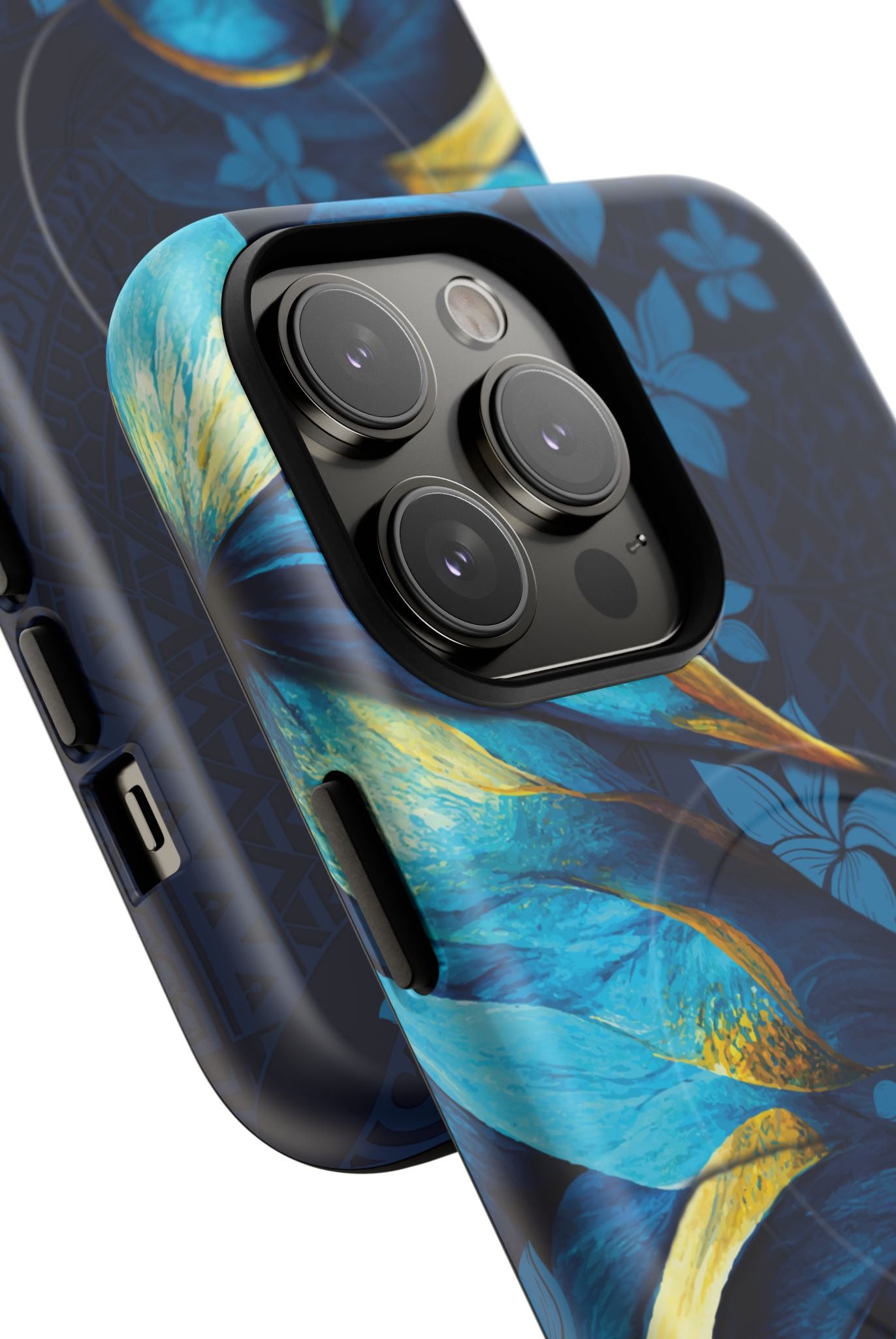 Po Mahina MagSafe iPhone Case Detail View - Hawaiian Moonlit Teal Gold Floral Design Close Up - The Local Banyan