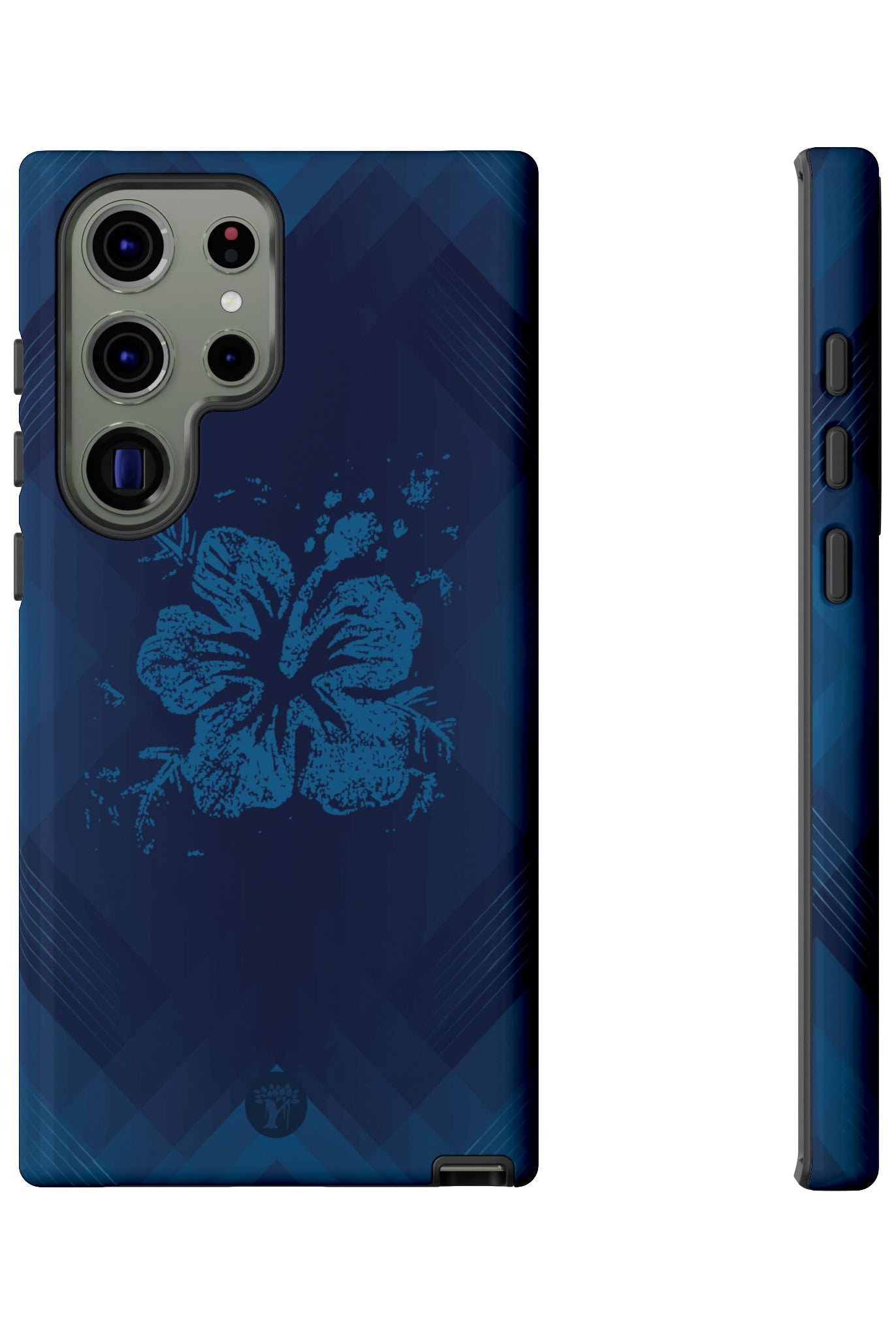 Woman holding Kikokiko Lehua Tough Samsung Galaxy Case - Hawaiian Navy Blue Geometric Hibiscus Design - The Local Banyan