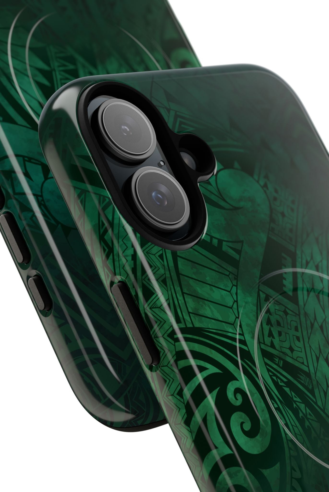 Nahele Spirit MagSafe iPhone Case Detail View - Hawaiian Forest Green Polynesian Tribal Design Close Up - The Local Banyan