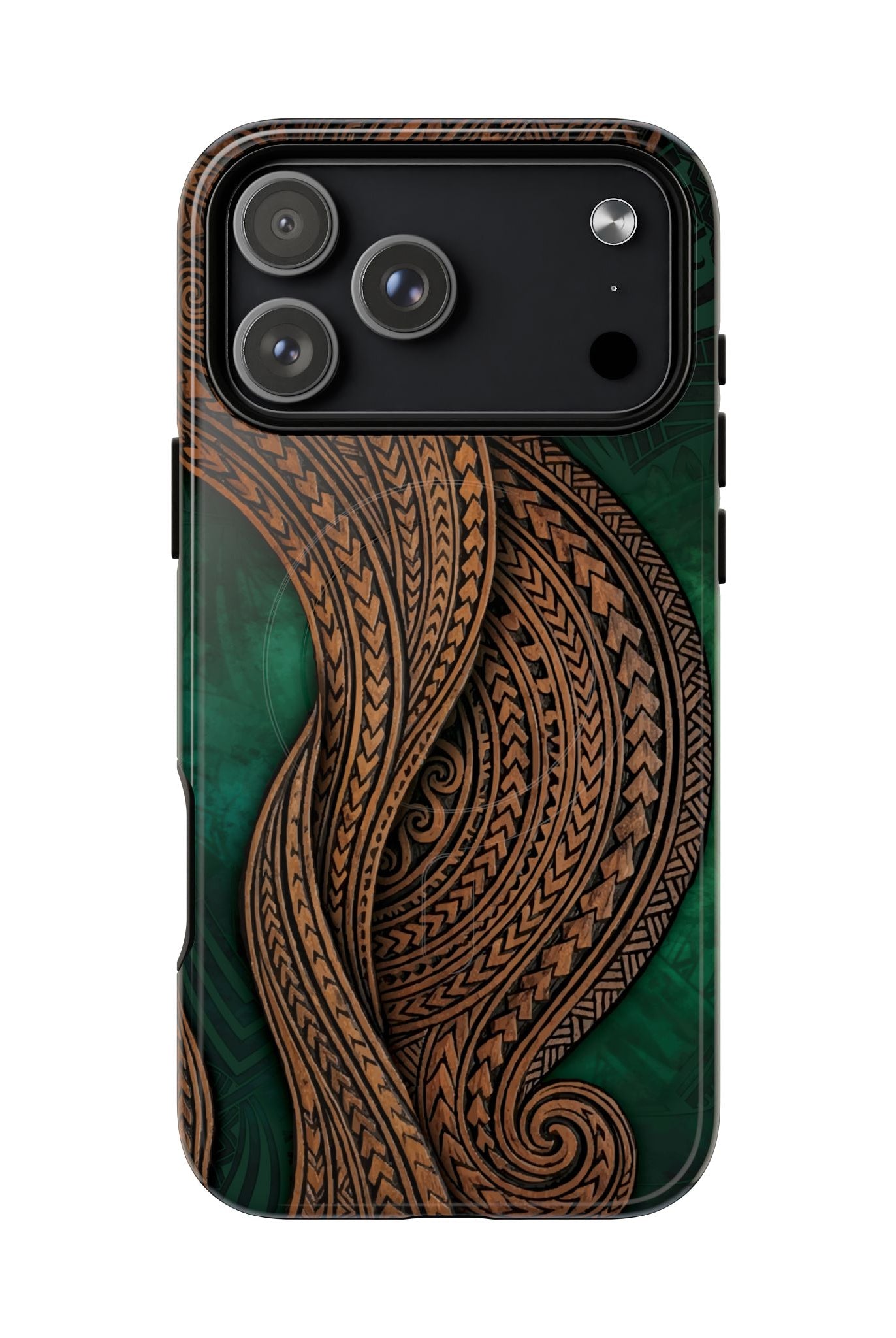 Island Kalai MagSafe iPhone Case Detail View - Hawaiian Carved Wood Grain Emerald Green Tribal Design Close Up - The Local Banyan