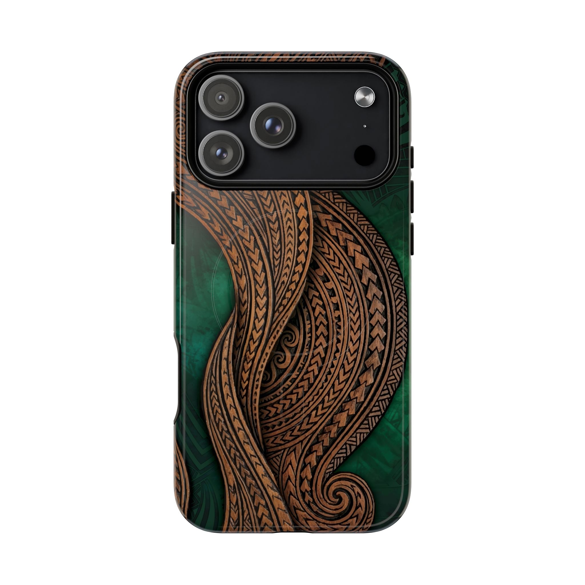 Island Kalai MagSafe iPhone Case Detail View - Hawaiian Carved Wood Grain Emerald Green Tribal Design Close Up - The Local Banyan