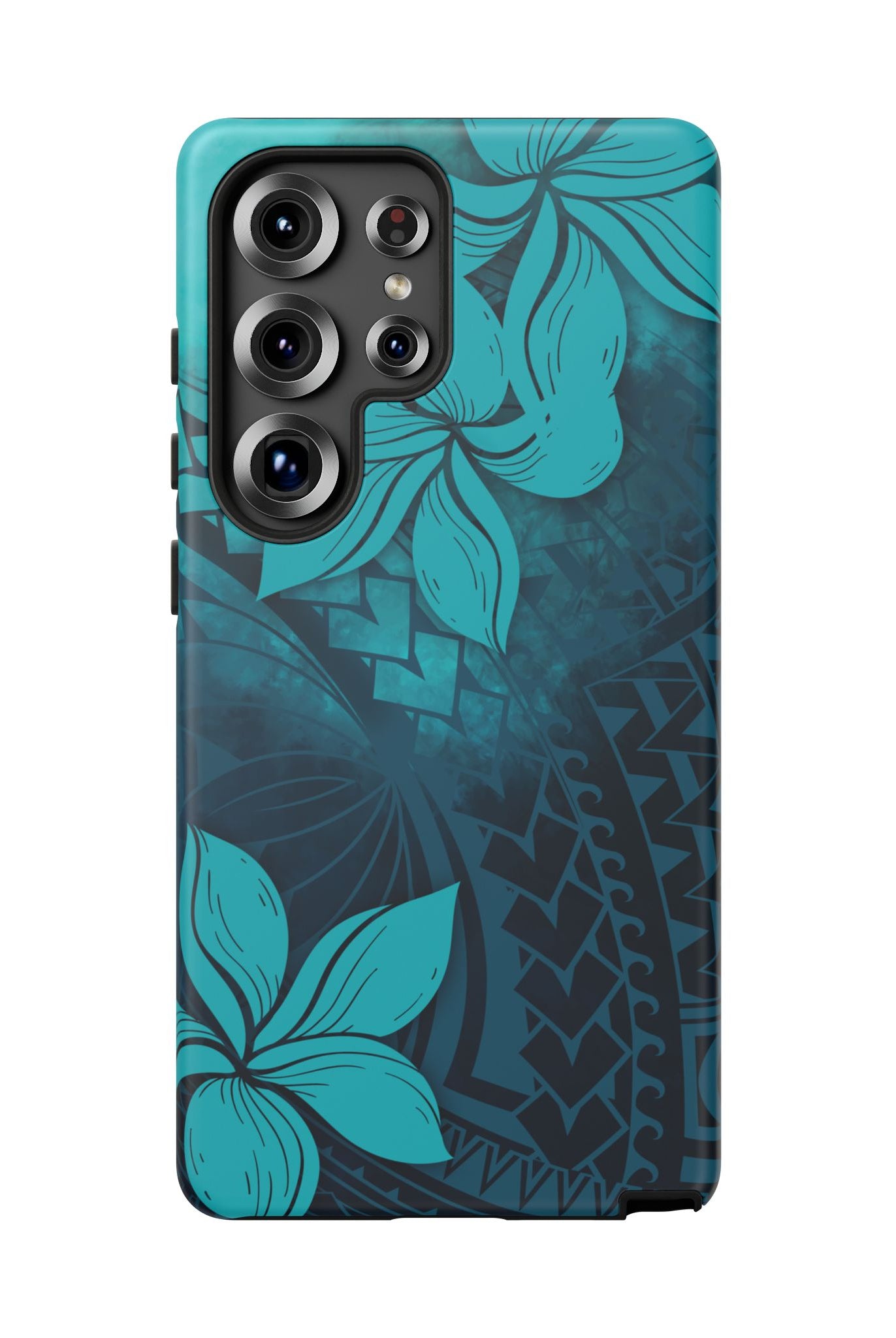 Woman holding Moana Bloom Tough Samsung Galaxy Case - Hawaiian Teal Plumeria Ocean Tribal Design - The Local Banyan