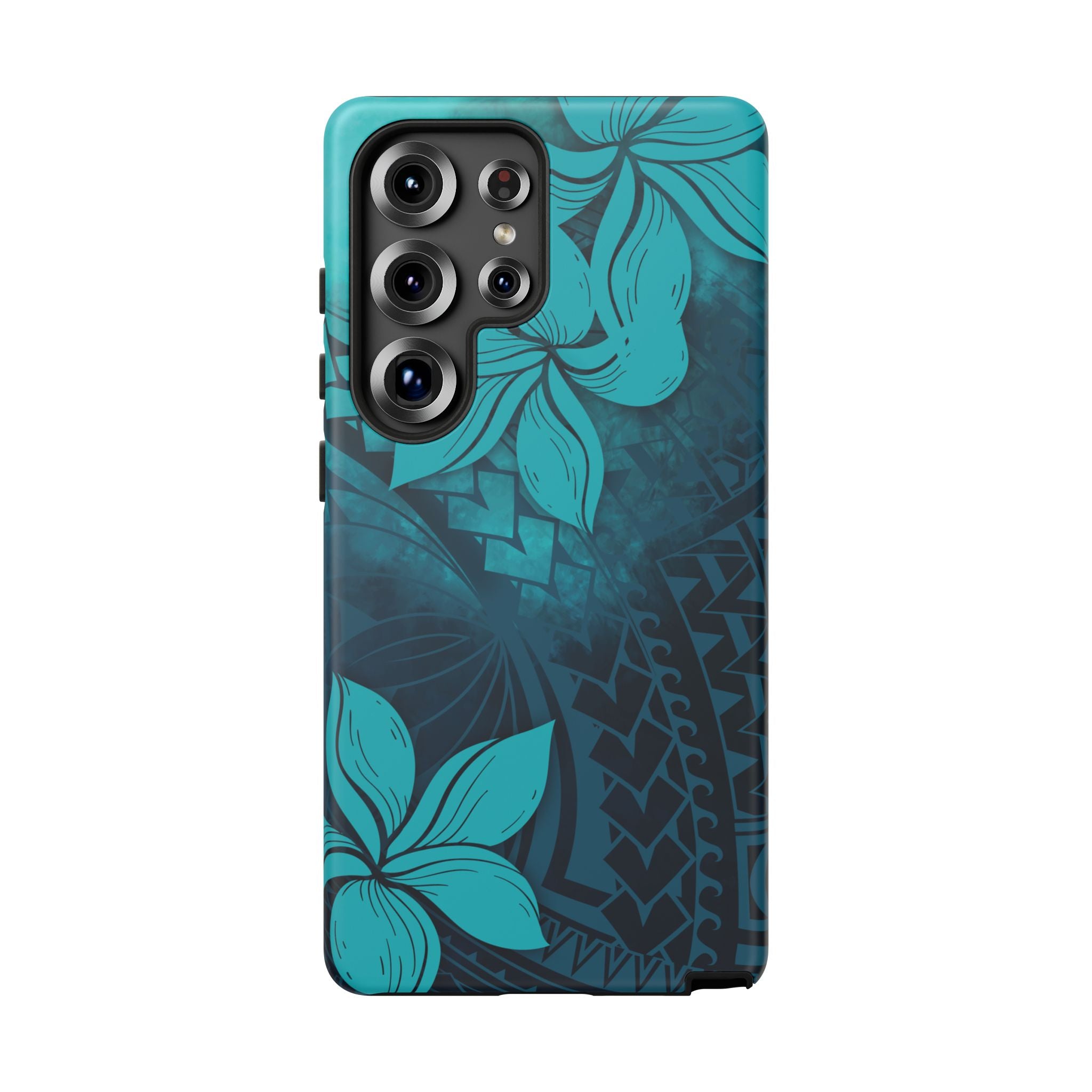 Woman holding Moana Bloom Tough Samsung Galaxy Case - Hawaiian Teal Plumeria Ocean Tribal Design - The Local Banyan
