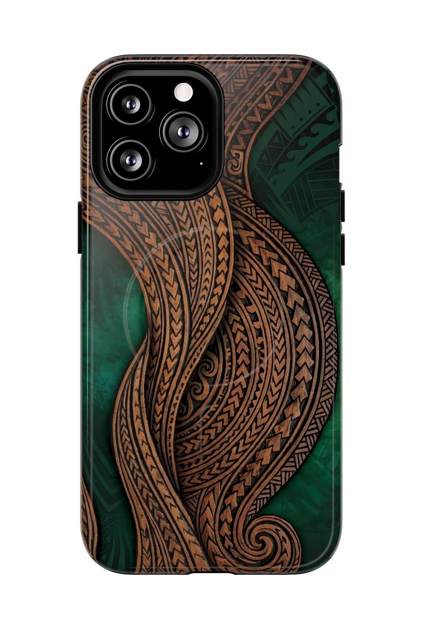 Island Kalai MagSafe iPhone Case Detail View - Hawaiian Carved Wood Grain Emerald Green Tribal Design Close Up - The Local Banyan