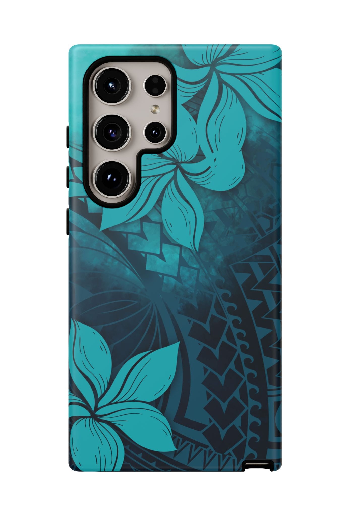 Woman holding Moana Bloom Tough Samsung Galaxy Case - Hawaiian Teal Plumeria Ocean Tribal Design - The Local Banyan