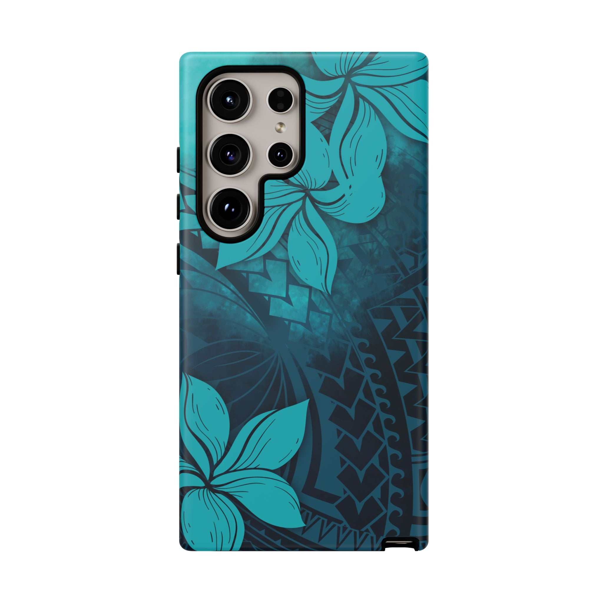 Woman holding Moana Bloom Tough Samsung Galaxy Case - Hawaiian Teal Plumeria Ocean Tribal Design - The Local Banyan