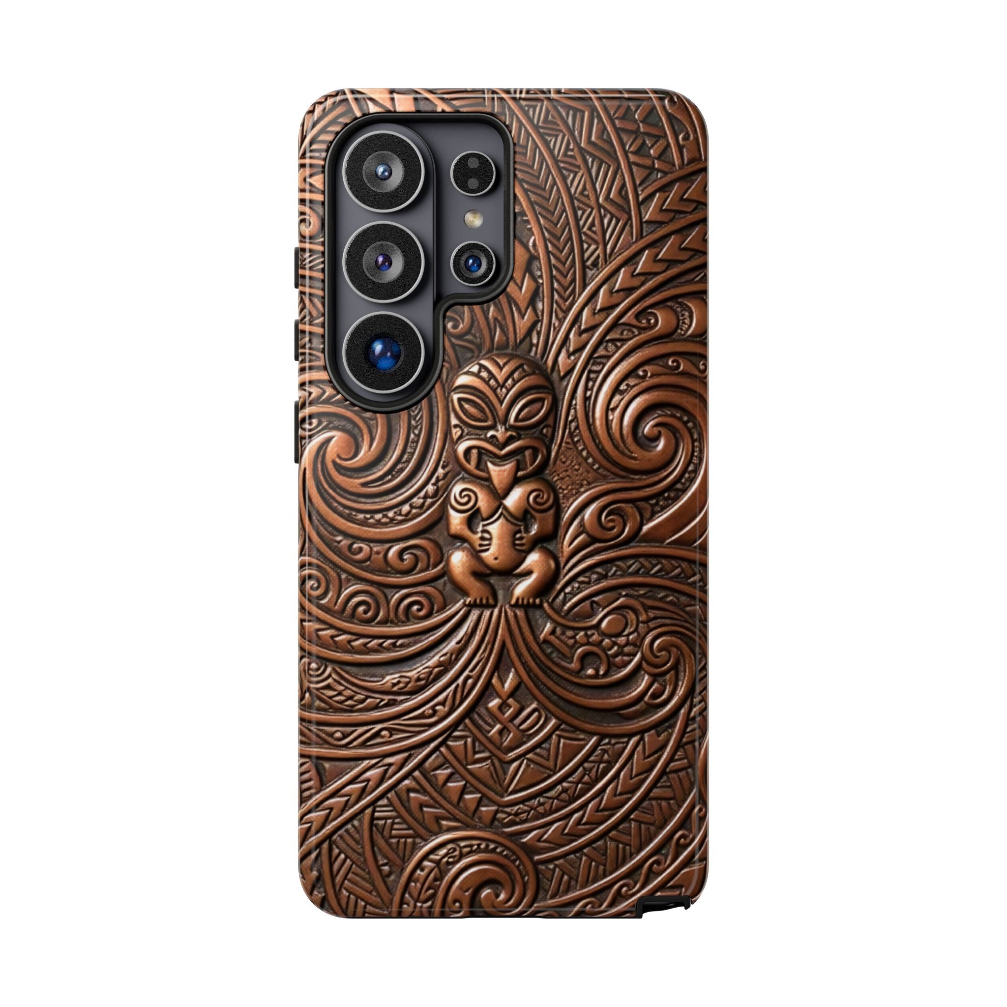 Paa Guardian Tough Samsung Galaxy Case Detail View - Hawaiian Copper Carved Tiki Polynesian Design Close Up - The Local Banyan