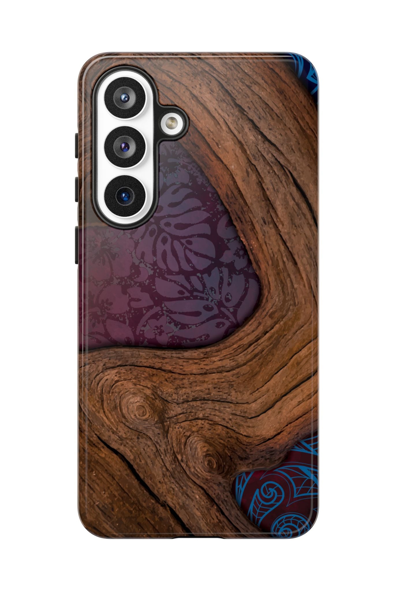 Rooted Tough Samsung Galaxy Case Detail View - Hawaiian Koa Wood Island Strength Tribal Design Close Up - The Local Banyan
