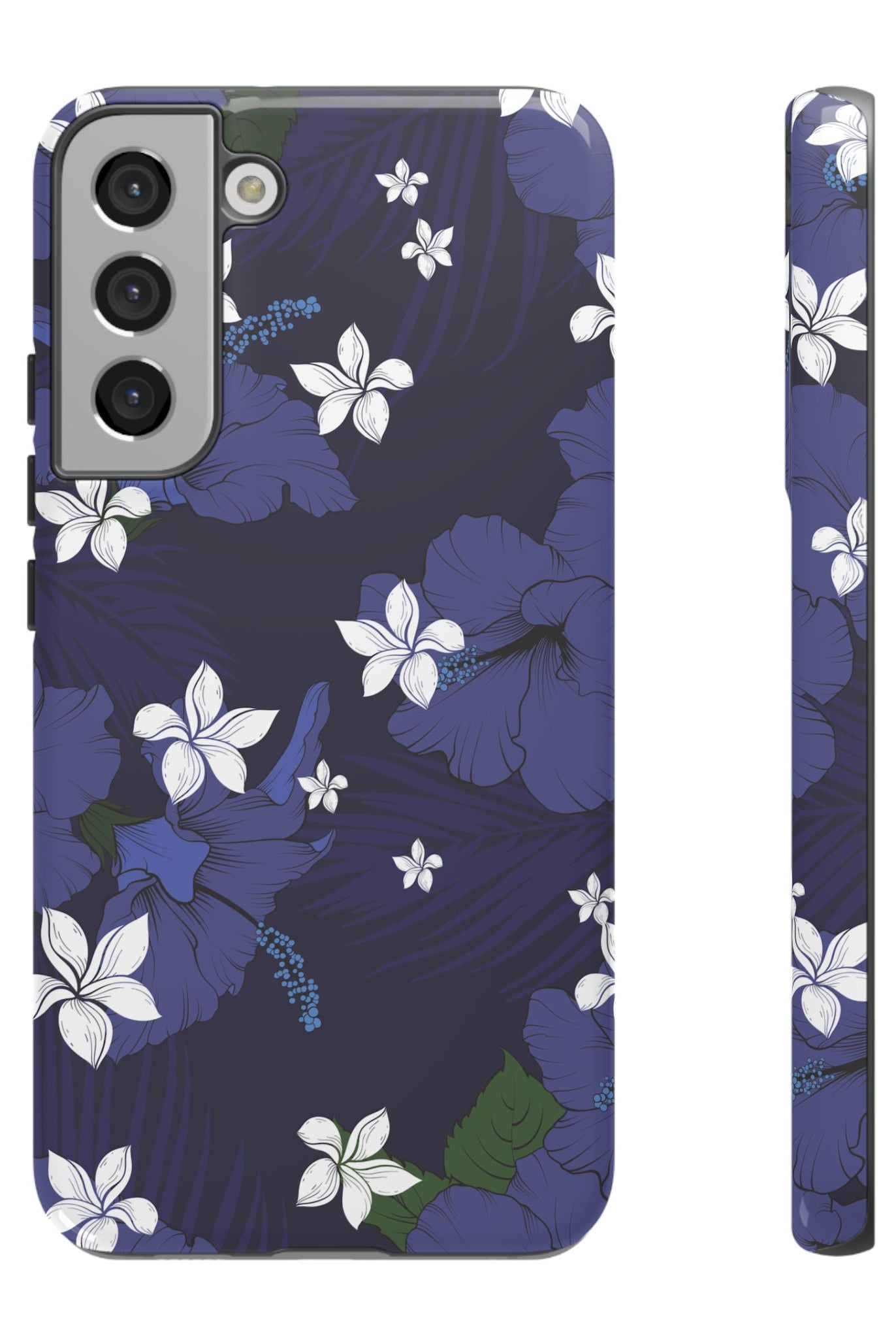 Vintage Blue Tough Samsung Galaxy Case Samsung Galaxy S22 Plus Glossy - Hawaiian Indigo Hibiscus White Plumeria Design - The Local Banyan