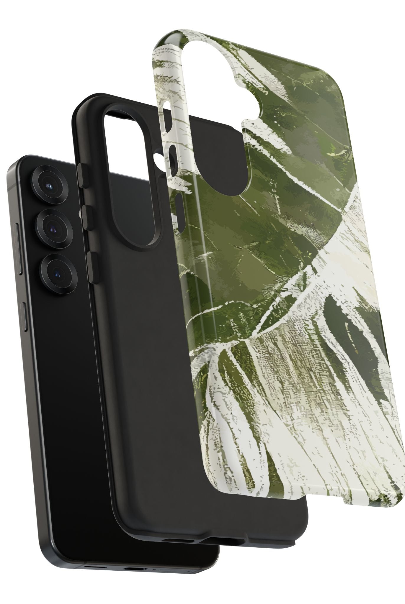 Woman holding Island Breeze Tough Samsung Galaxy Case - Hawaiian Palm Leaf Olive Green Botanical Design - The Local Banyan