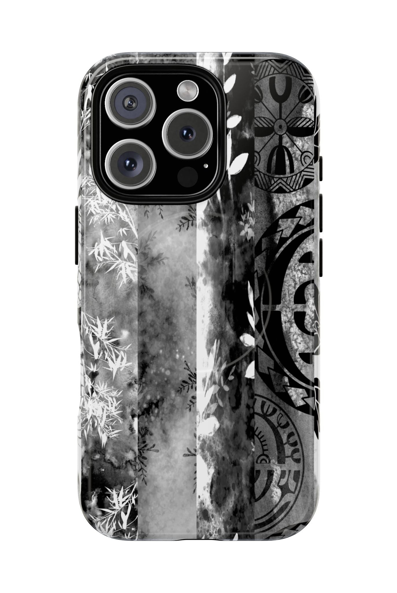 Monochrome Oasis MagSafe iPhone Case iPhone 16 Pro Glossy - Hawaiian Black White Botanical Tribal Design - The Local Banyan