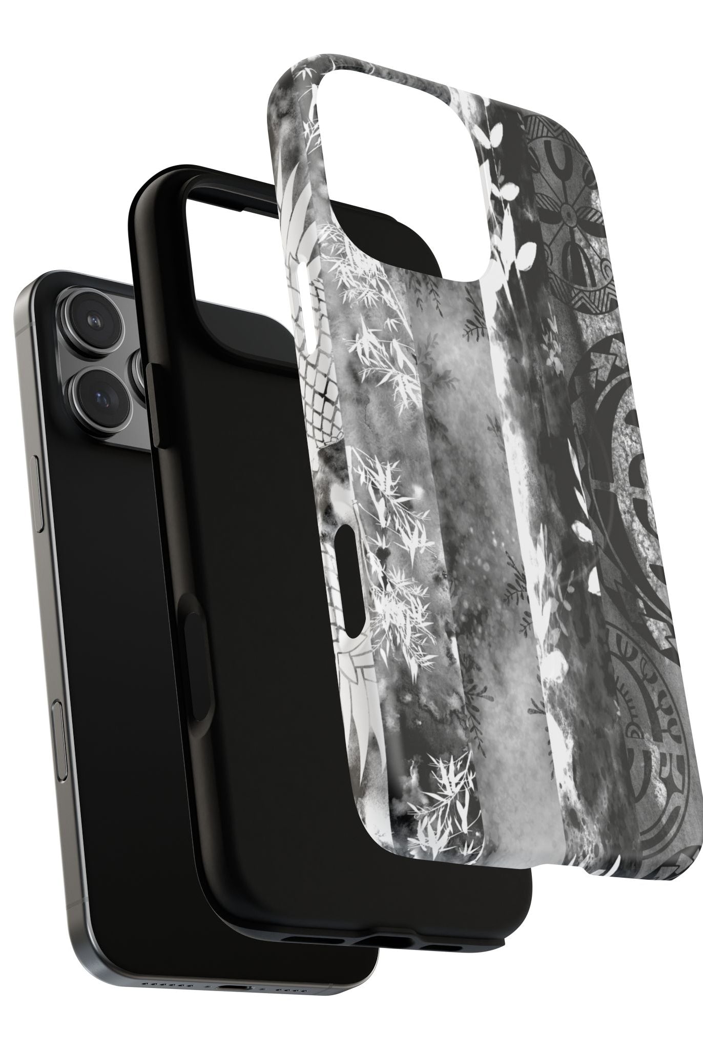Monochrome Oasis MagSafe iPhone Case Detail View - Hawaiian Black White Botanical Tribal Design Close Up - The Local Banyan