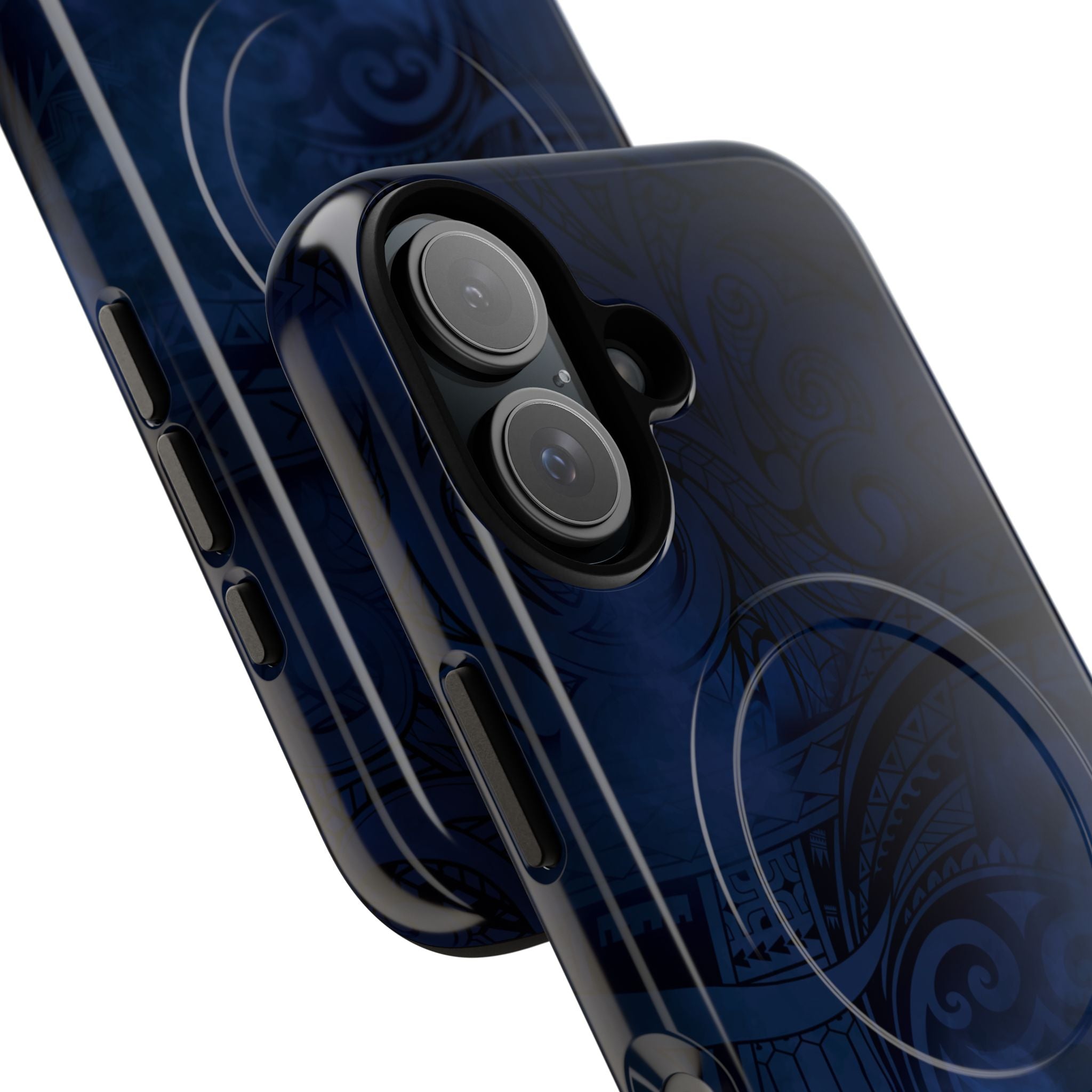 Woman holding Midnight Essence MagSafe iPhone Case - Hawaiian Midnight Navy Polynesian Tribal Design - The Local Banyan