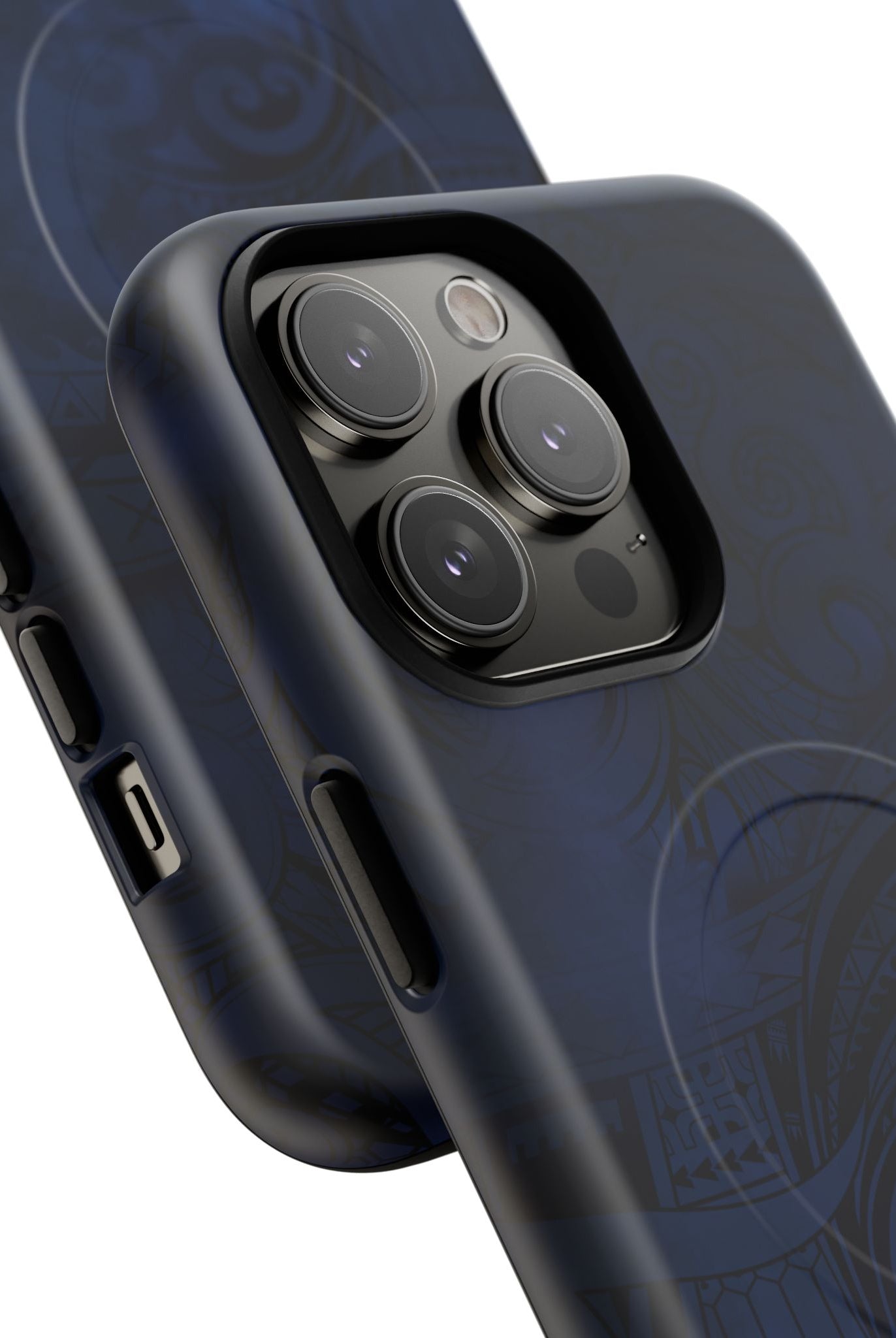 Midnight Essence MagSafe iPhone Case Detail View - Hawaiian Midnight Navy Polynesian Tribal Design Close Up - The Local Banyan
