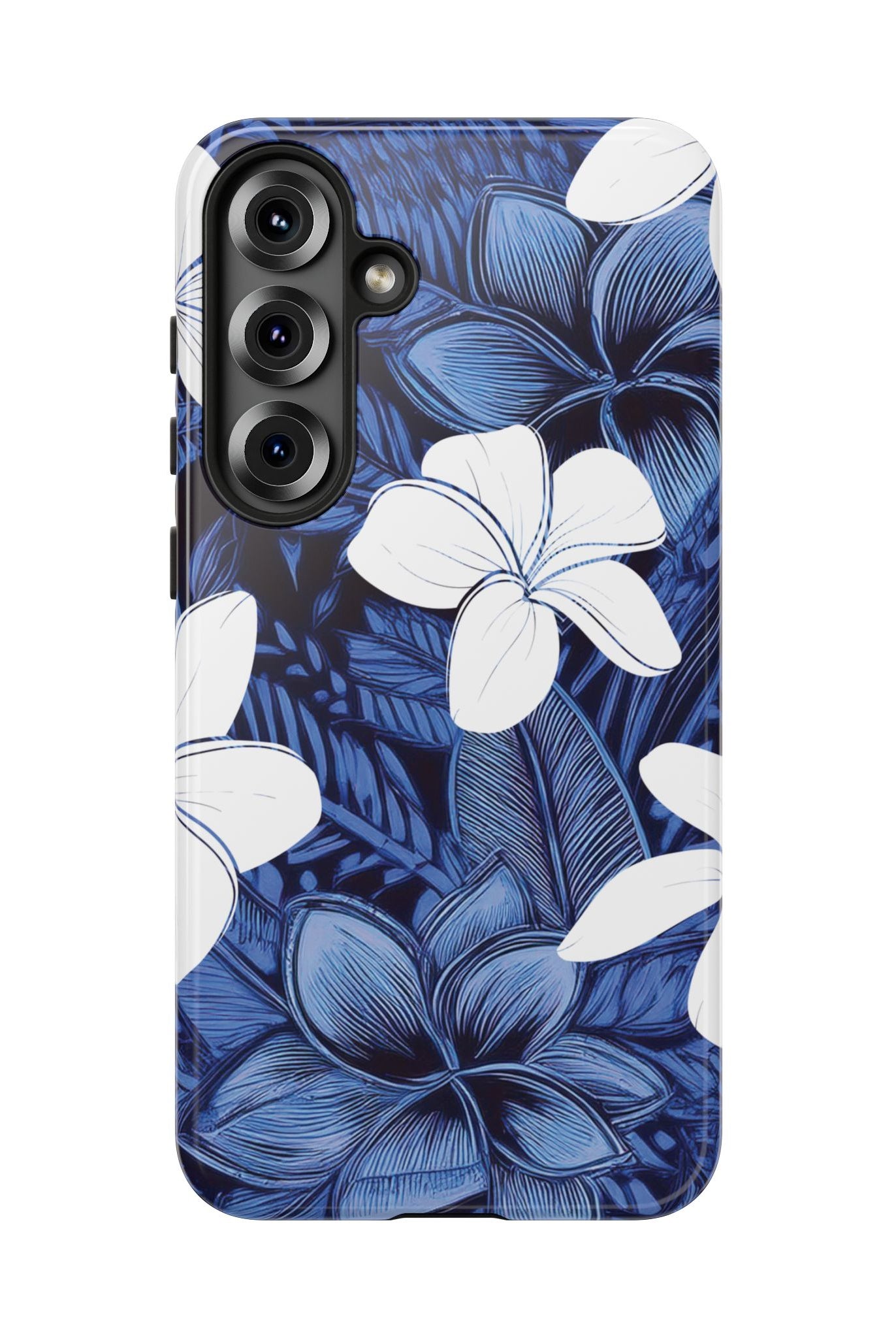 Woman holding Eternal Blue Plumeria Tough Samsung Galaxy Case - Hawaiian Blue Plumeria Ocean Floral Design - The Local Banyan