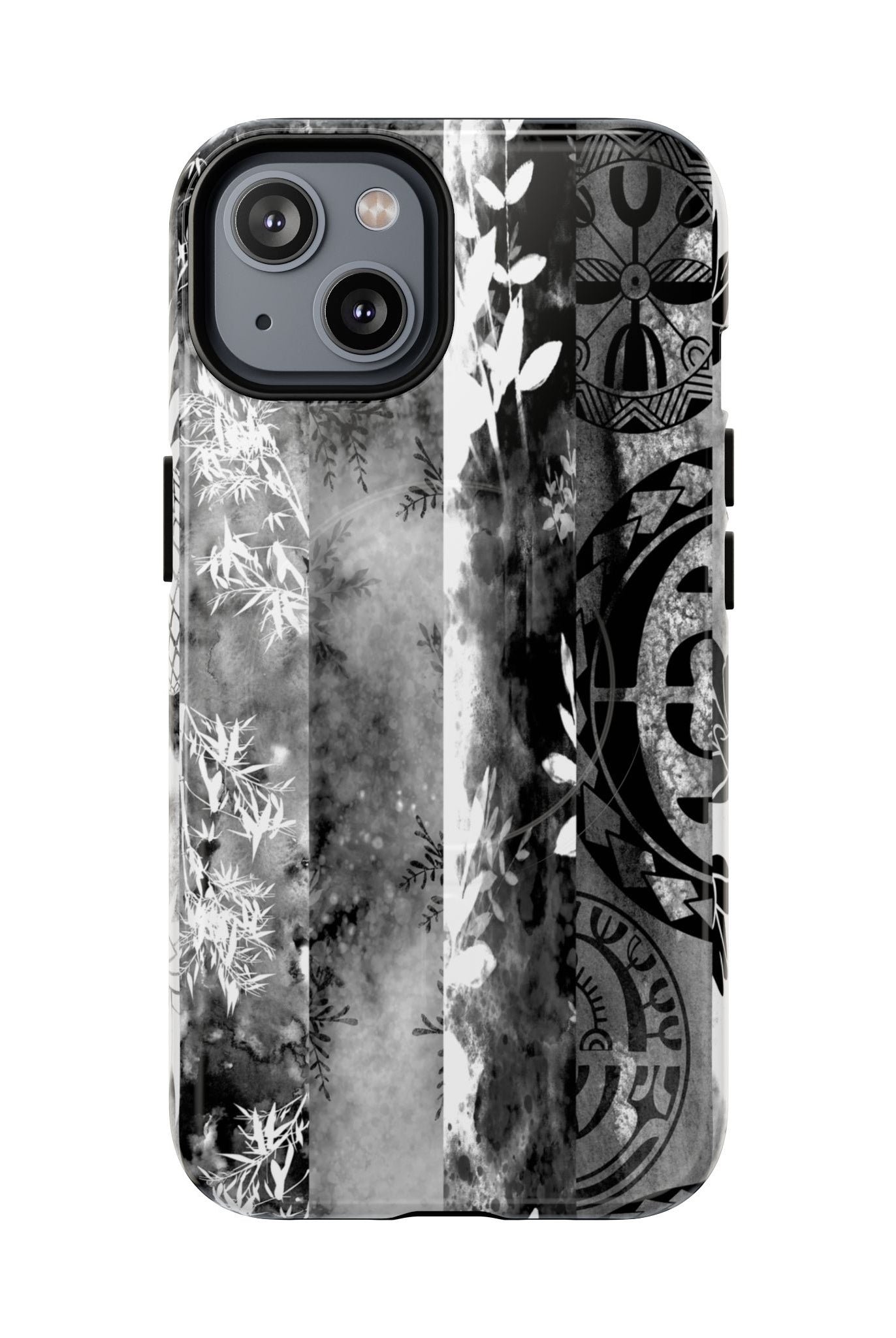 Monochrome Oasis MagSafe iPhone Case iPhone 14 Glossy - Hawaiian Black White Botanical Tribal Design - The Local Banyan