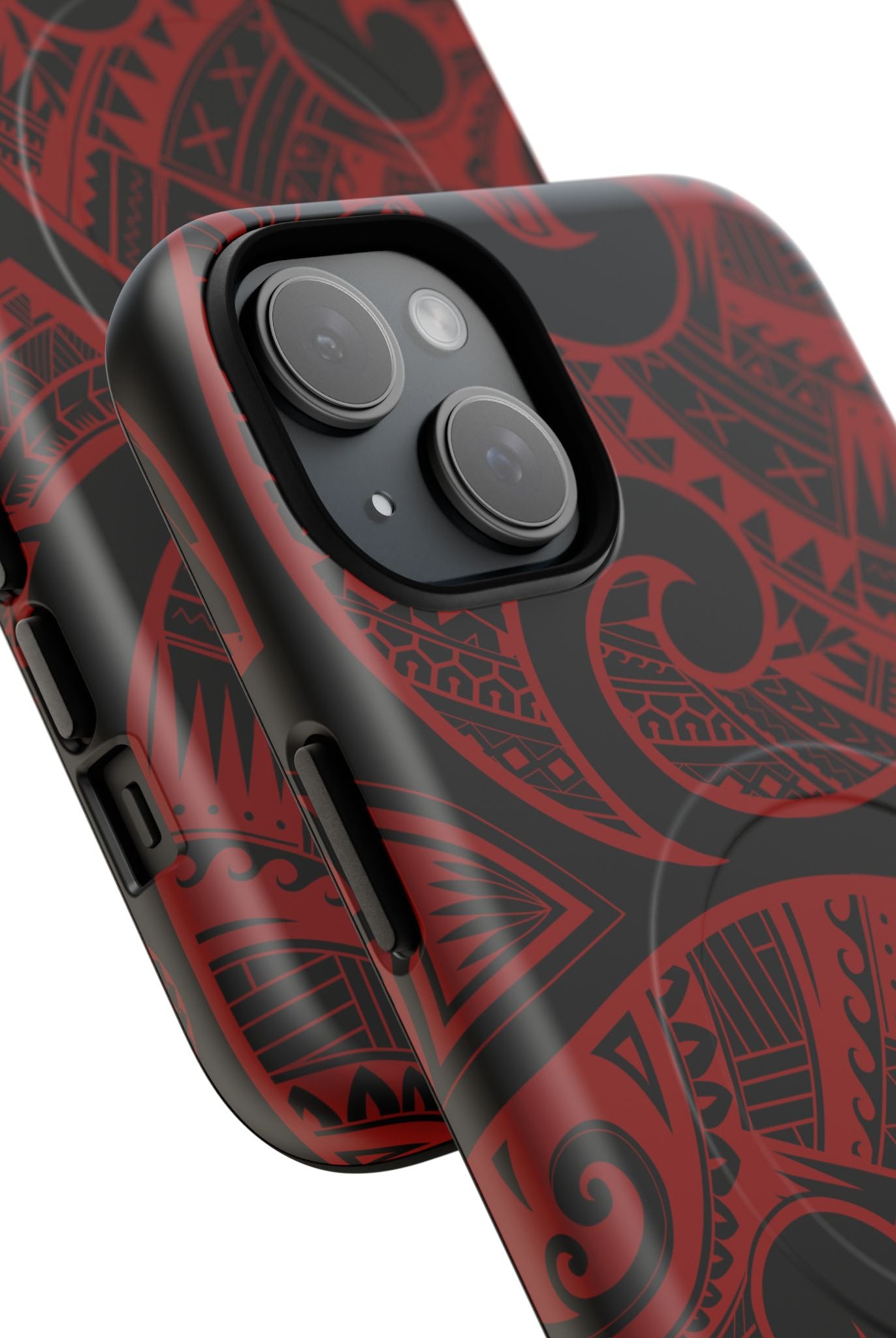 Woman holding Island Tribal MagSafe iPhone Case - Hawaiian Crimson Red Polynesian Tribal Design - The Local Banyan