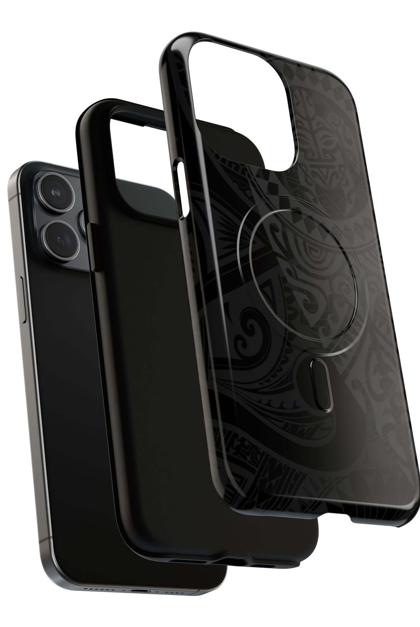 Tribal Guardian MagSafe iPhone Case Detail View - Hawaiian Black on Black Polynesian Tribal Design Close Up - The Local Banyan