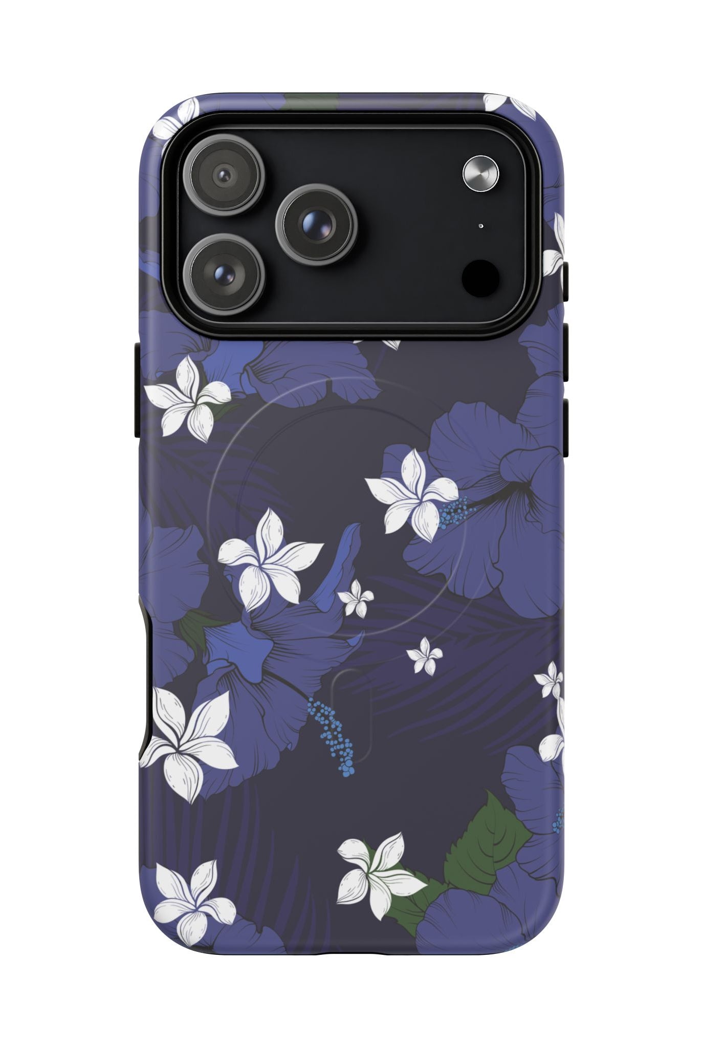Vintage Blue MagSafe iPhone Case iPhone 17 Pro Max Matte - Hawaiian Indigo Hibiscus White Plumeria Design - The Local Banyan