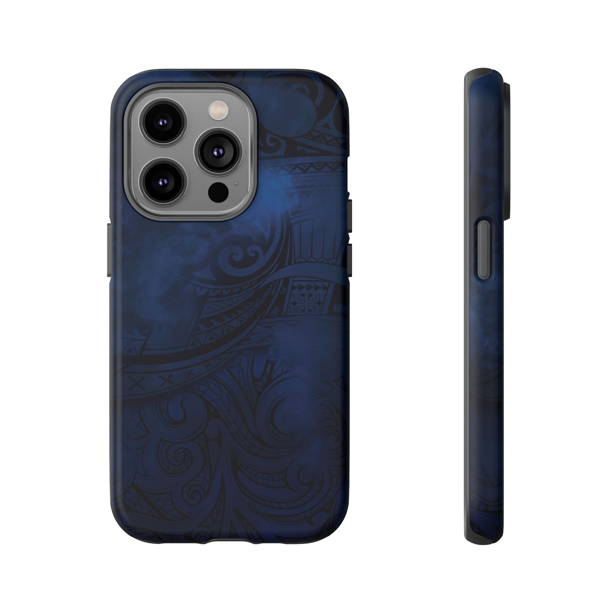 Midnight Essence Tough iPhone Case Detail View - Hawaiian Midnight Navy Polynesian Tribal Design Close Up - The Local Banyan