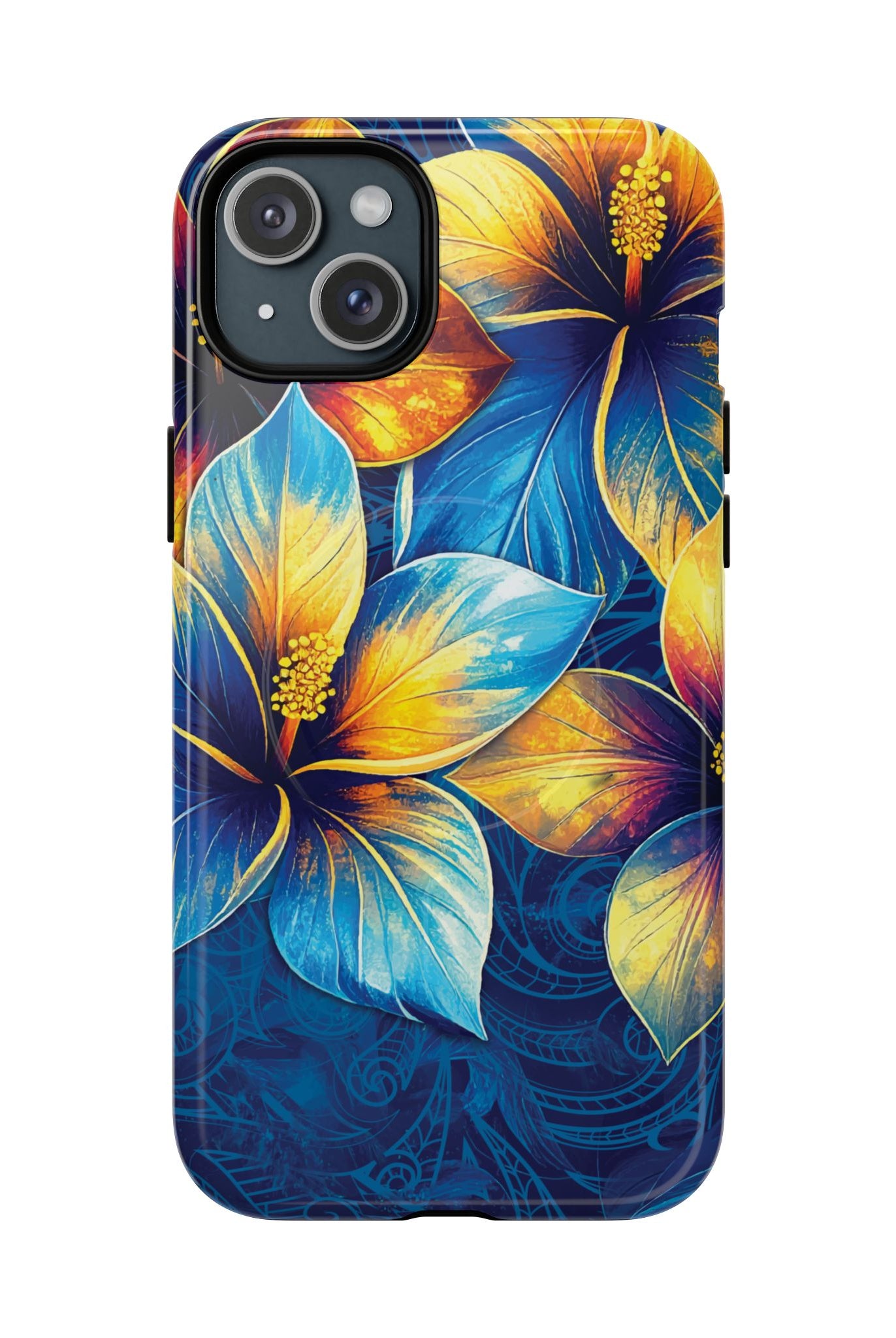 Pua La MagSafe iPhone Case iPhone 15 Plus Glossy - Hawaiian Golden Hibiscus Sun Flower Sapphire Design - The Local Banyan