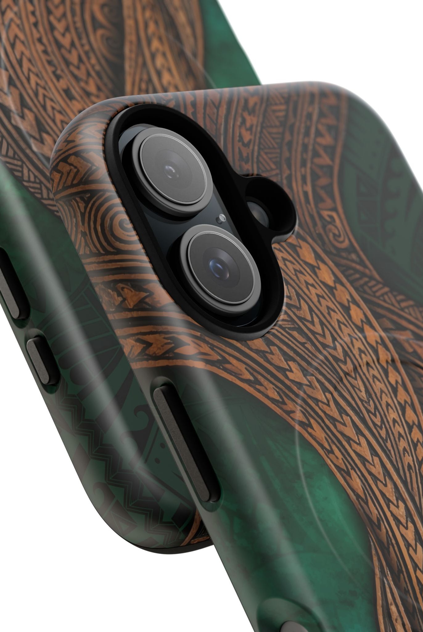 Island Kalai MagSafe iPhone Case Detail View - Hawaiian Carved Wood Grain Emerald Green Tribal Design Close Up - The Local Banyan
