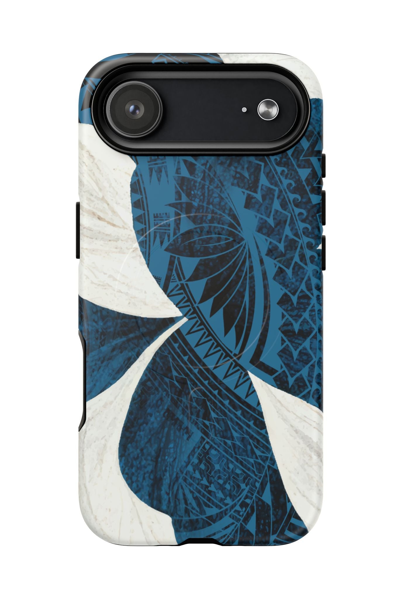 Woman holding Hana Breeze MagSafe iPhone Case - Hawaiian Blue Plumeria Polynesian Botanical Design - The Local Banyan
