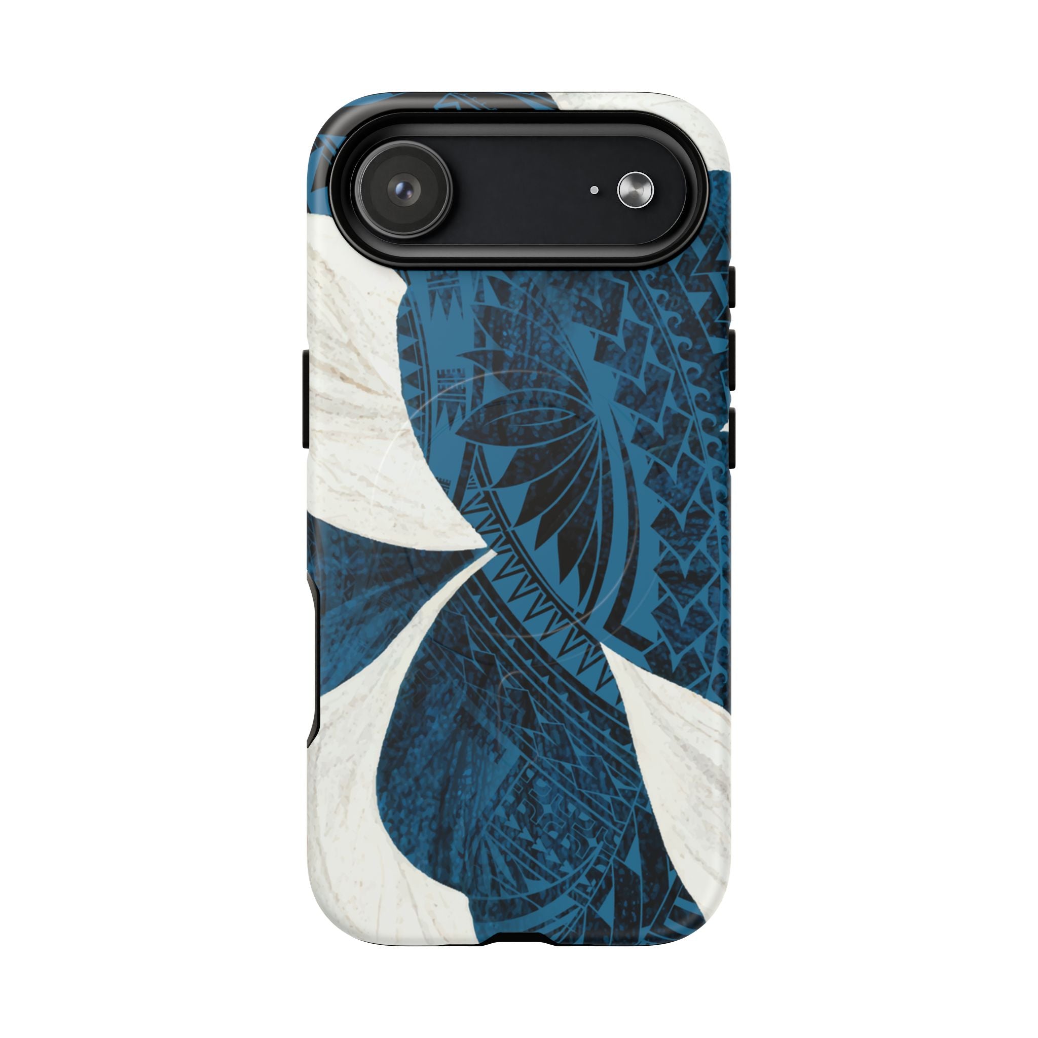 Woman holding Hana Breeze MagSafe iPhone Case - Hawaiian Blue Plumeria Polynesian Botanical Design - The Local Banyan