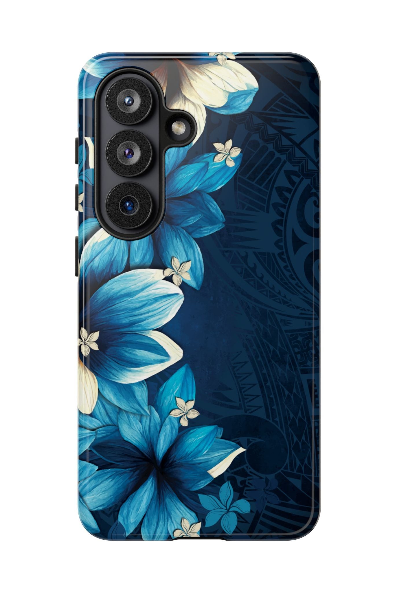 Woman holding Leilani Nights Tough Samsung Galaxy Case - Hawaiian Dark Blue Floral Polynesian Design - The Local Banyan