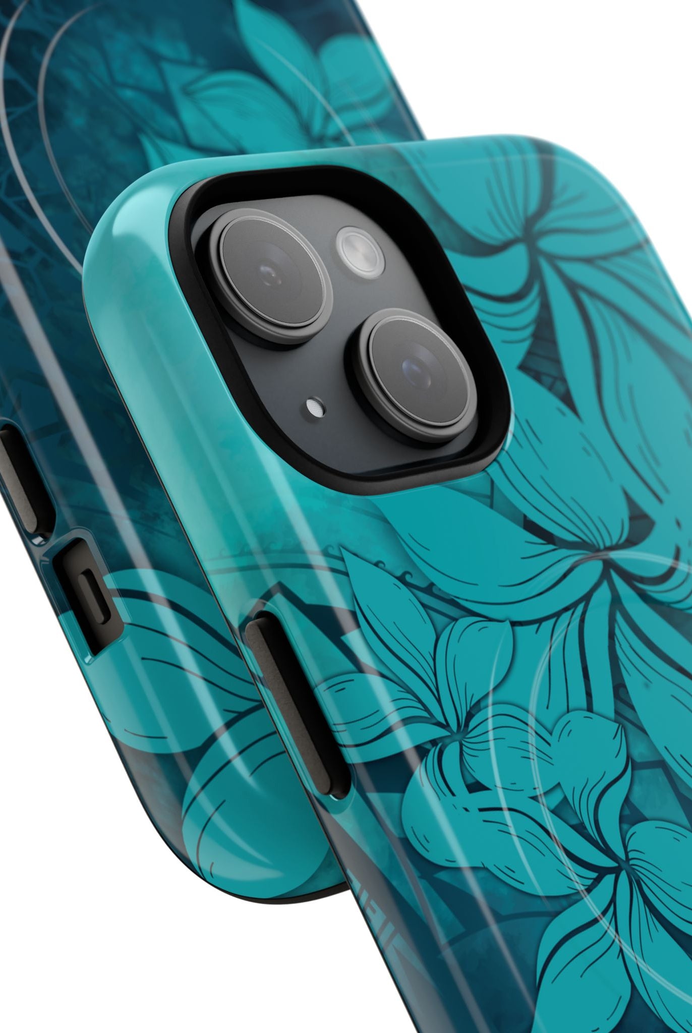 Moana Bloom MagSafe iPhone Case Detail View - Hawaiian Teal Plumeria Ocean Tribal Design Close Up - The Local Banyan