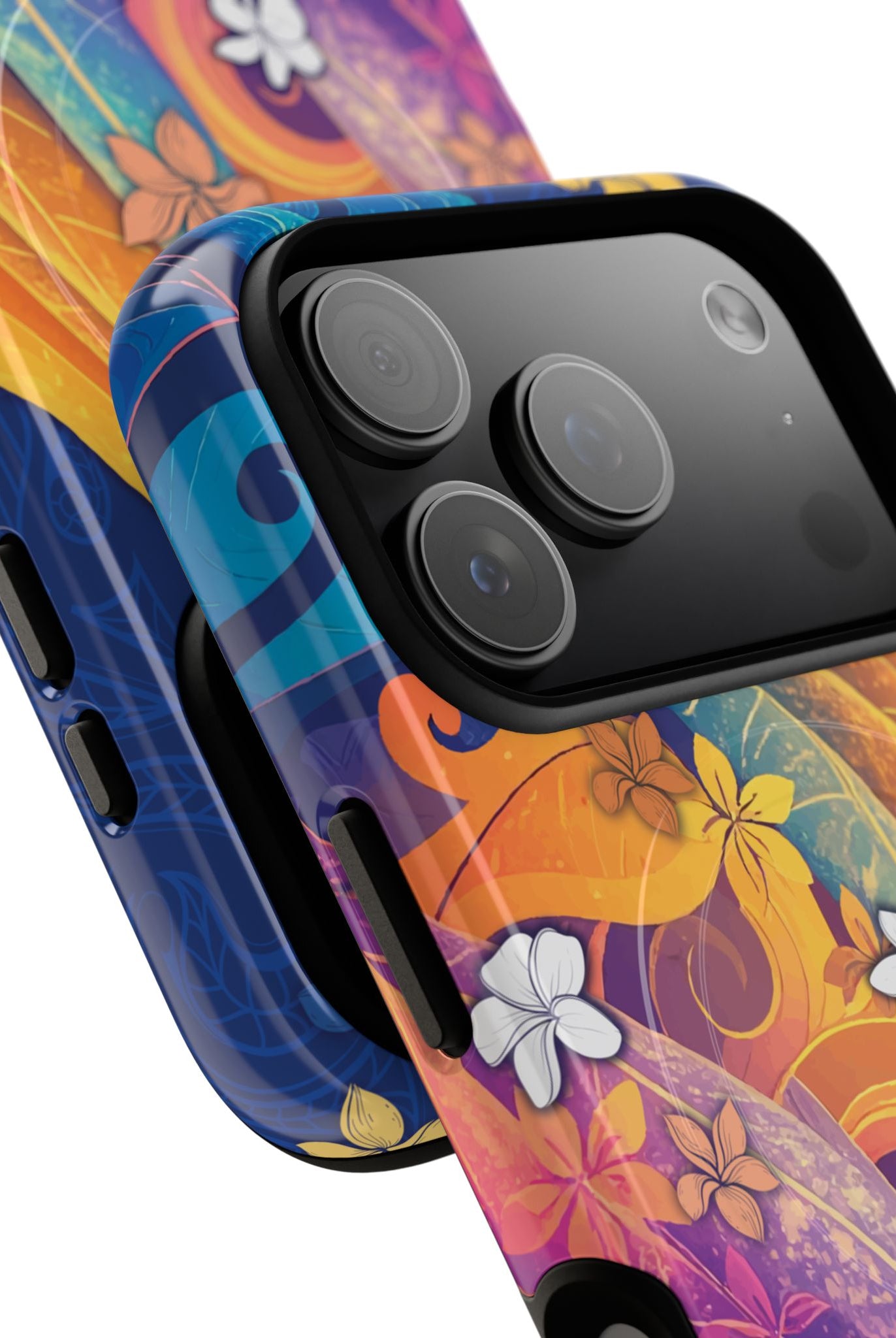Mauna Sunrise MagSafe iPhone Case Detail View - Hawaiian Colorful Sunrise Plumeria Design Close Up - The Local Banyan