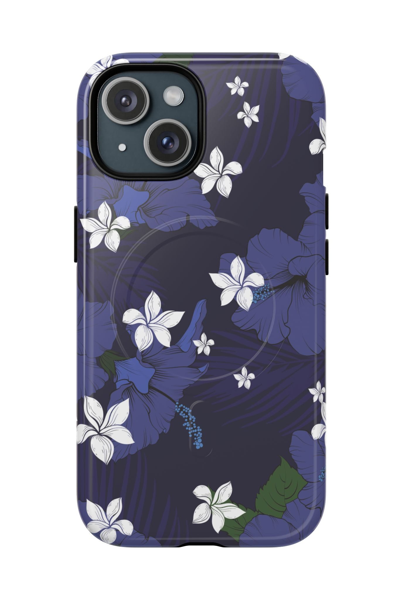 Vintage Blue MagSafe iPhone Case iPhone 15 Glossy - Hawaiian Indigo Hibiscus White Plumeria Design - The Local Banyan