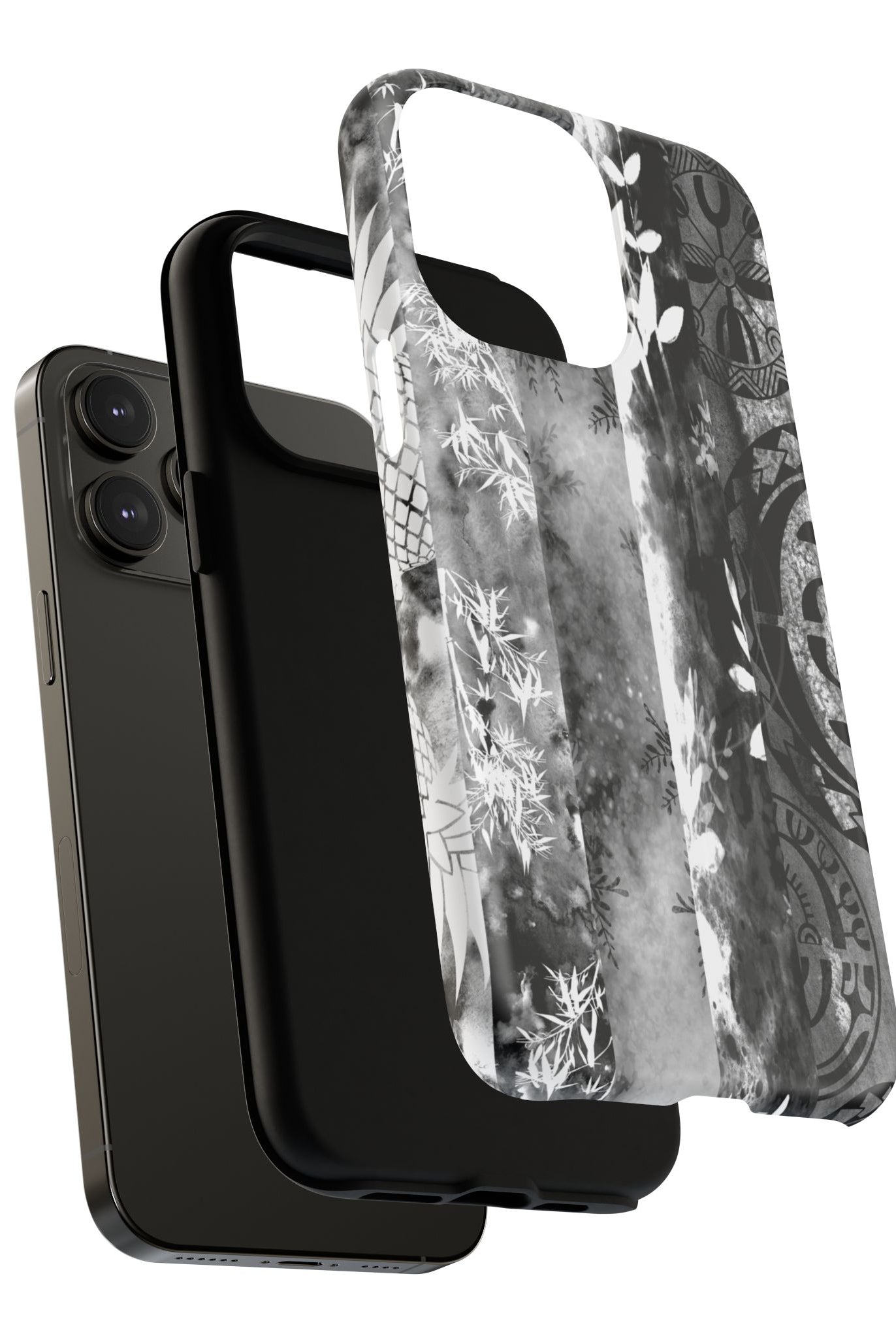 Woman holding Monochrome Oasis MagSafe iPhone Case - Hawaiian Black White Botanical Tribal Design - The Local Banyan
