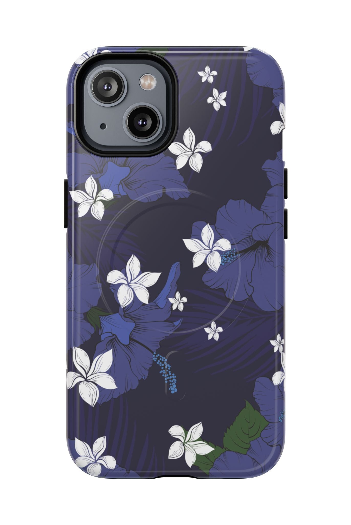 Vintage Blue MagSafe iPhone Case iPhone 14 Glossy - Hawaiian Indigo Hibiscus White Plumeria Design - The Local Banyan