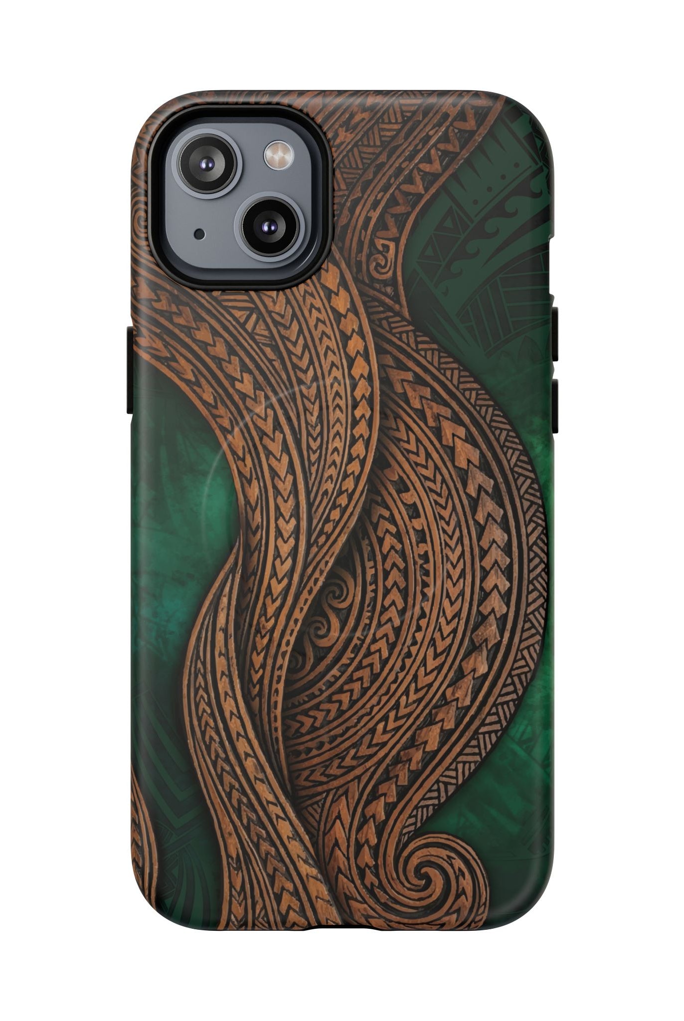 Island Kalai MagSafe iPhone Case iPhone 14 Plus Matte - Hawaiian Carved Wood Grain Emerald Green Tribal Design - The Local Banyan