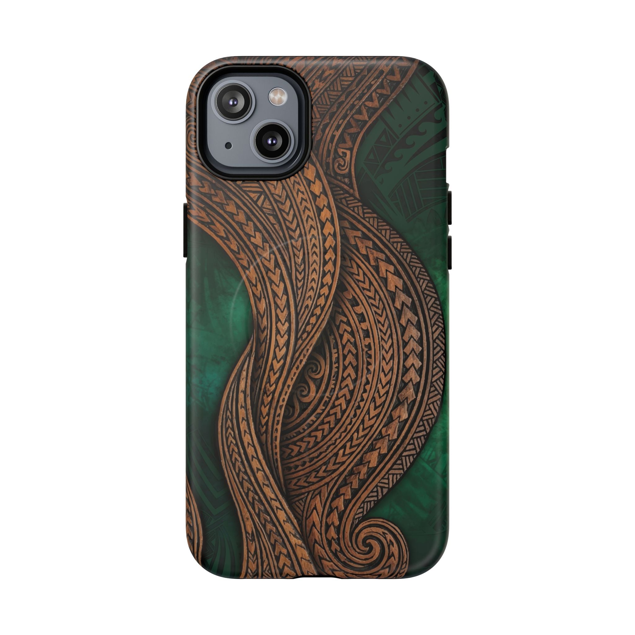 Island Kalai MagSafe iPhone Case iPhone 14 Plus Matte - Hawaiian Carved Wood Grain Emerald Green Tribal Design - The Local Banyan