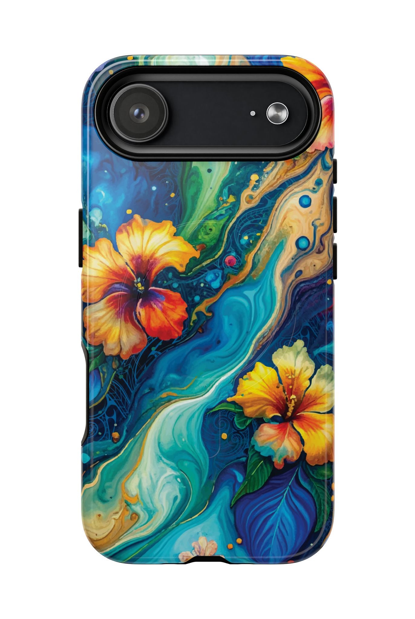Woman holding Aloalo Drift MagSafe iPhone Case - Hawaiian Hibiscus Teal Ocean Wave Design - The Local Banyan